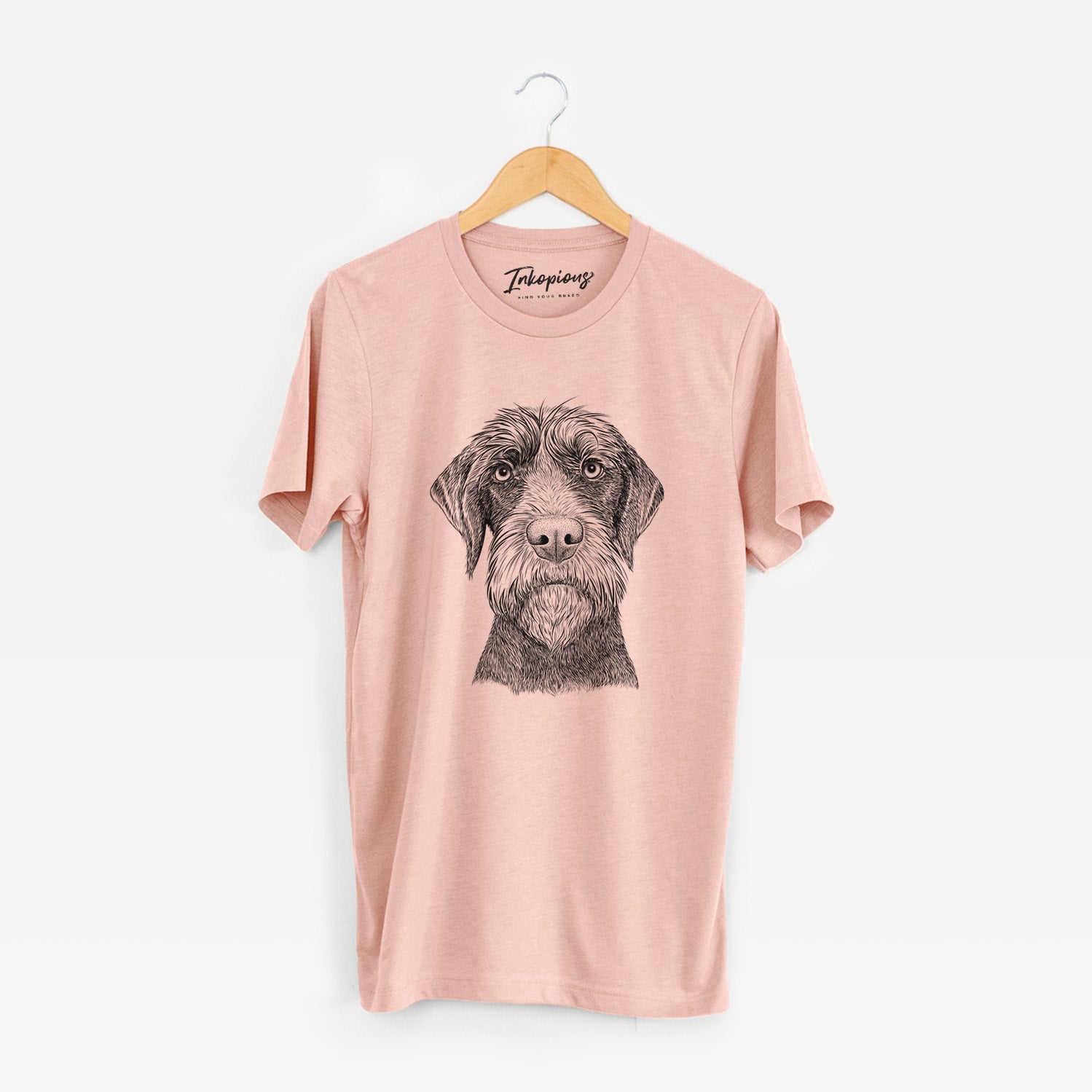 Hand-drawn sketch of Oakley the Pudelpointer on a Peach Unisex crewneck