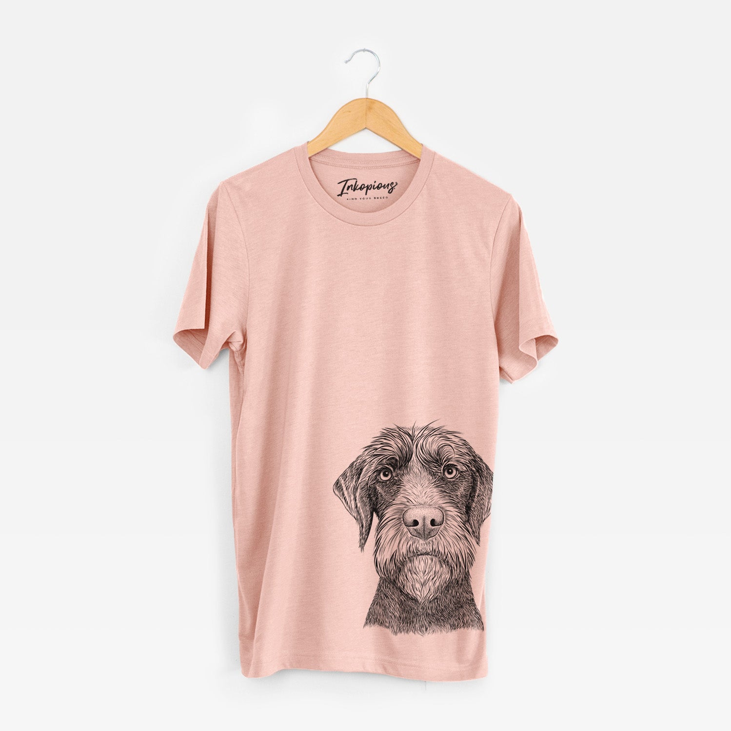 Hand-drawn sketch of Oakley the Pudelpointer on a Peach Unisex crewneck
