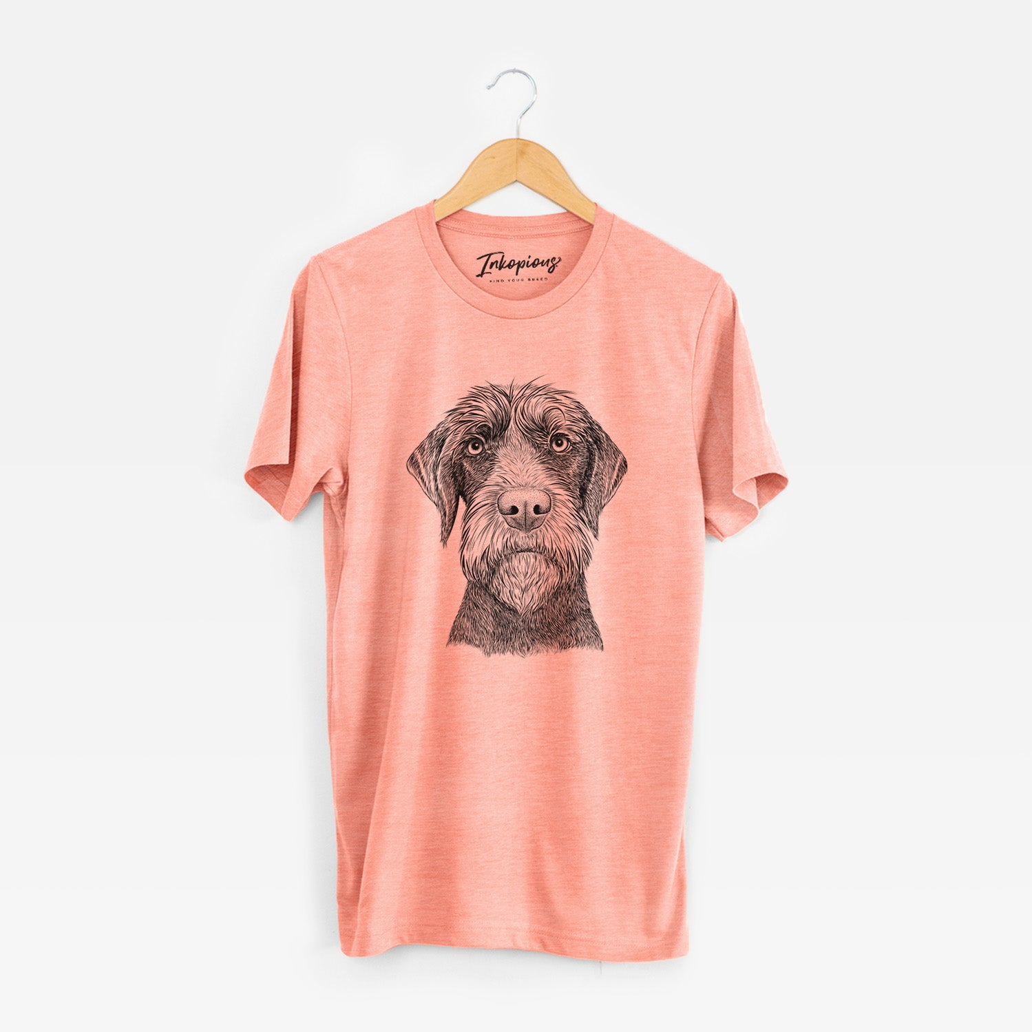 Hand-drawn sketch of Oakley the Pudelpointer on a Sunset Unisex crewneck