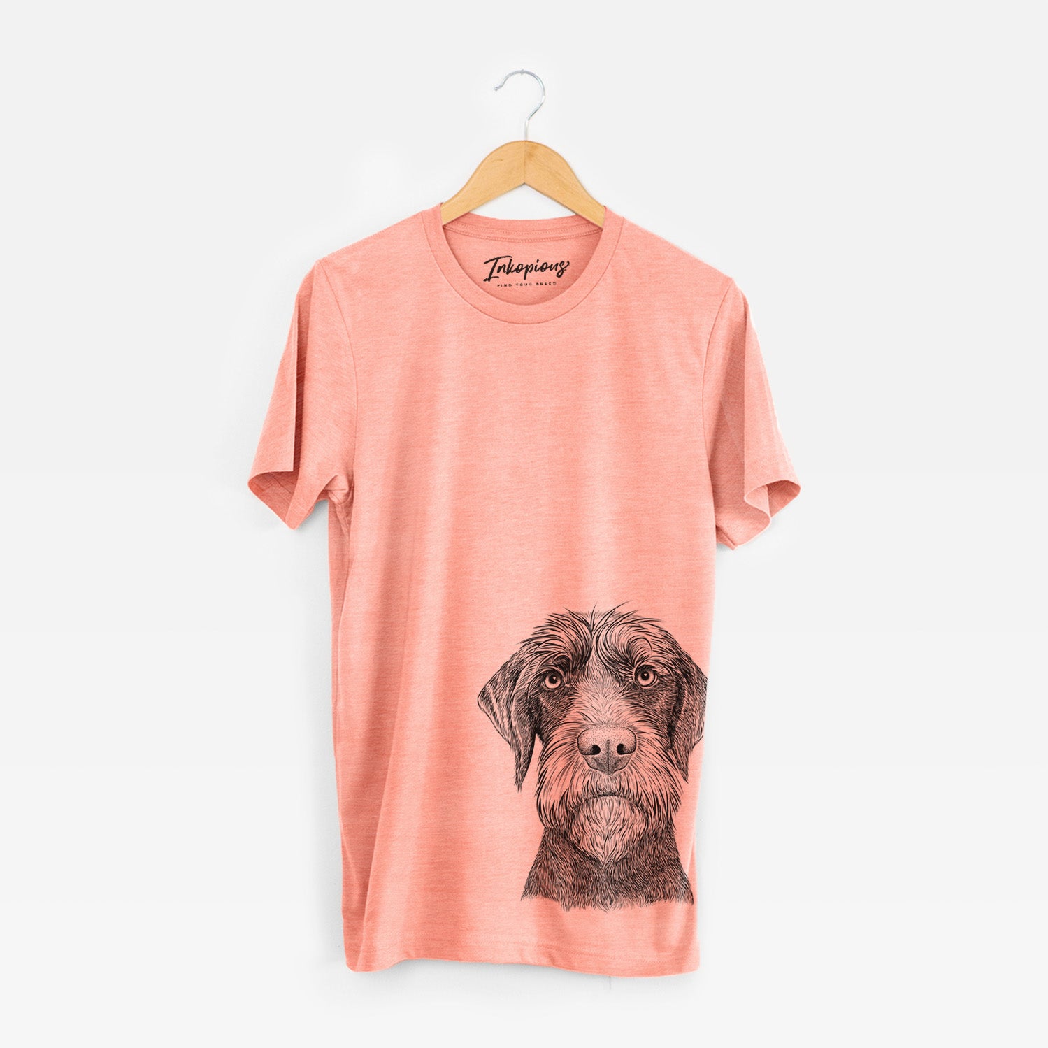 Hand-drawn sketch of Oakley the Pudelpointer on a Sunset Unisex crewneck