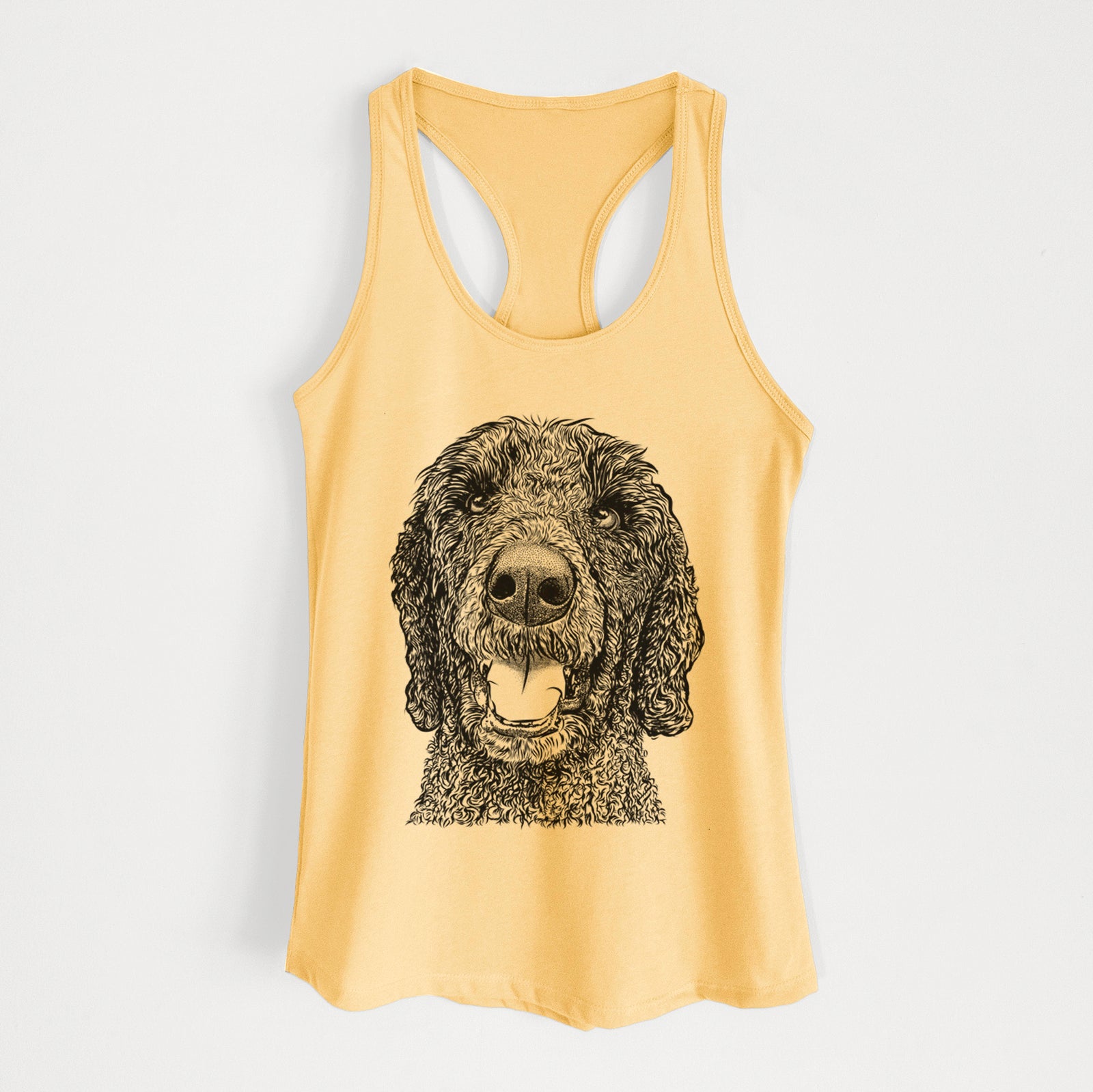 Hand-drawn sketch of Obi James the Goldendoodle on a Banana Cream Women's racerback tanktop