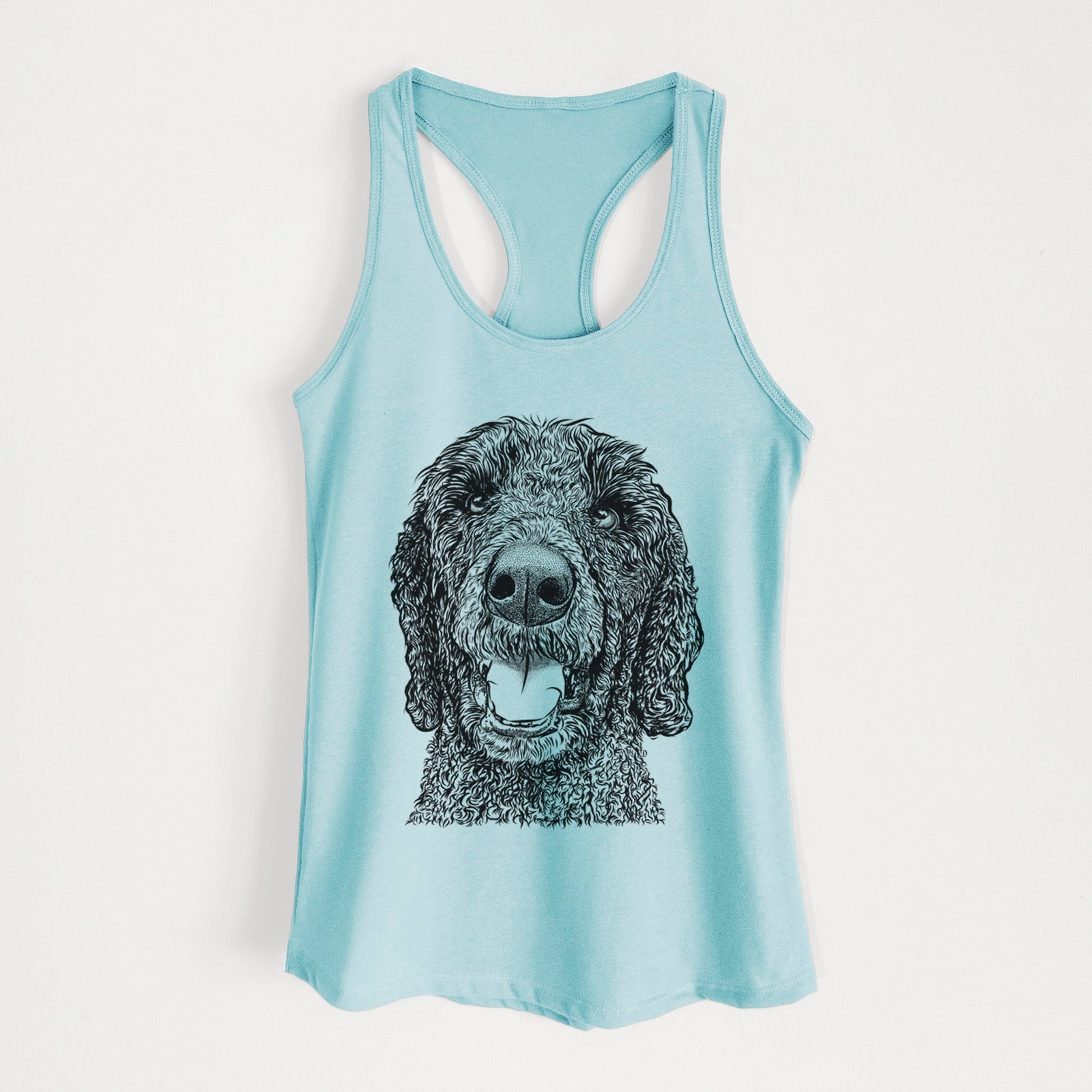 Hand-drawn sketch of Obi James the Goldendoodle on a Cancun Blue Women's racerback tanktop