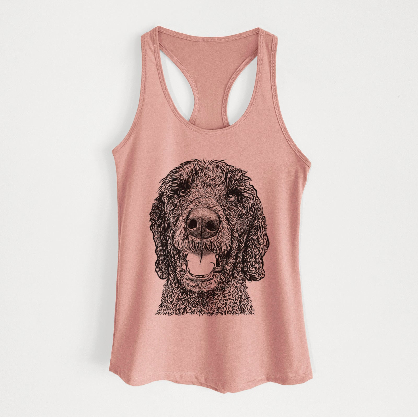 Hand-drawn sketch of Obi James the Goldendoodle on a Desert Pink Women's racerback tanktop