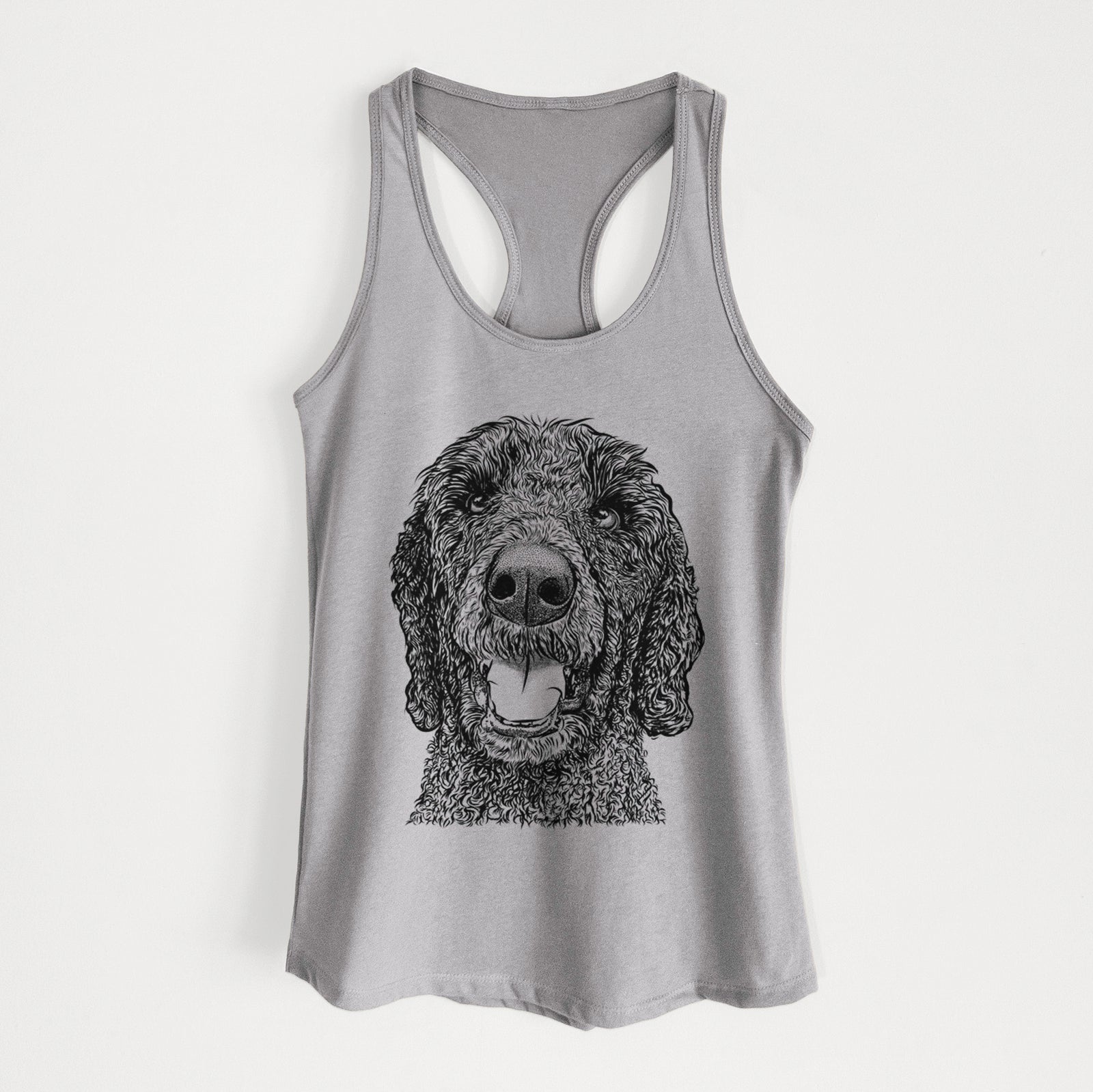 Hand-drawn sketch of Obi James the Goldendoodle on a Heather Grey Women's racerback tanktop