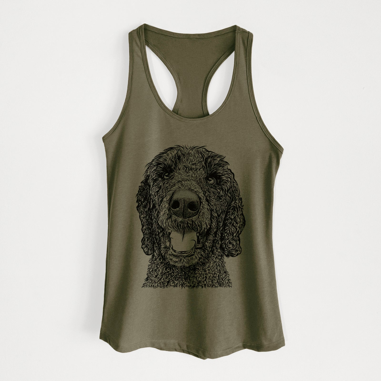 Hand-drawn sketch of Obi James the Goldendoodle on a Military Green Women's racerback tanktop