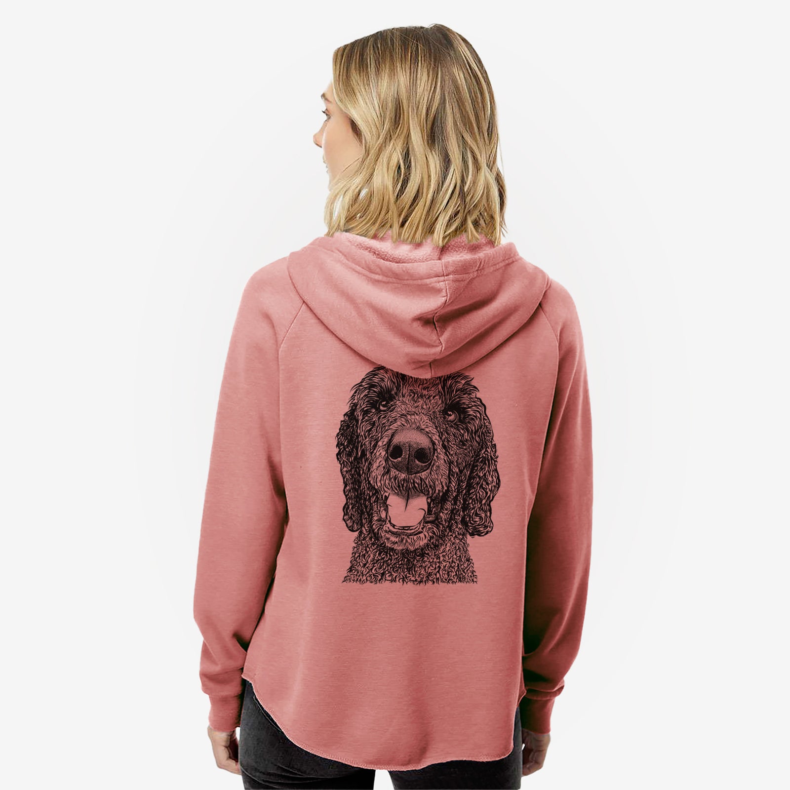 Hand-drawn sketch of Obi James the Goldendoodle on a Dusty Rose Women's cali wave zip-up sweatshirt