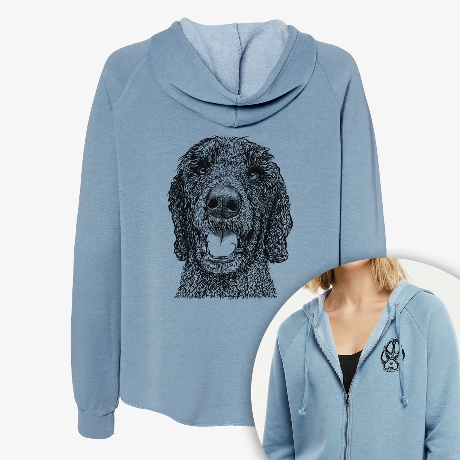 Hand-drawn sketch of Obi James the Goldendoodle on a Women's cali wave zip-up sweatshirt, shown with icons of the other available costume styles