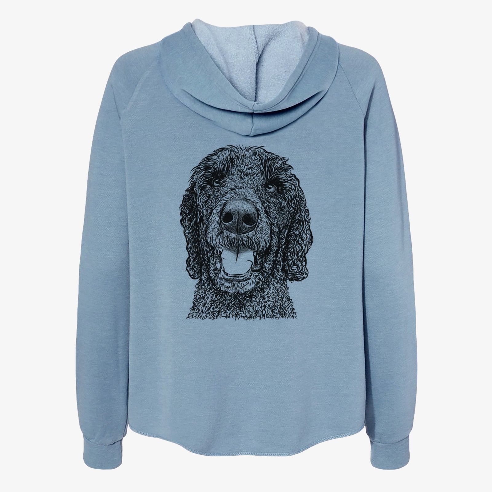Hand-drawn sketch of Obi James the Goldendoodle on a Misty Blue Women's cali wave zip-up sweatshirt