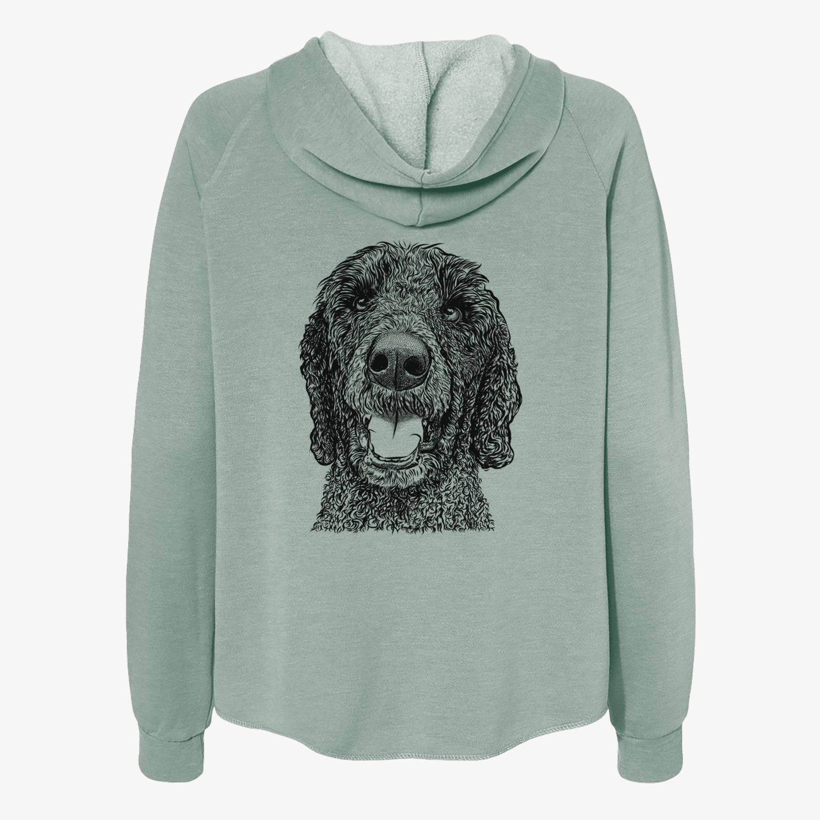 Hand-drawn sketch of Obi James the Goldendoodle on a Sage Women's cali wave zip-up sweatshirt