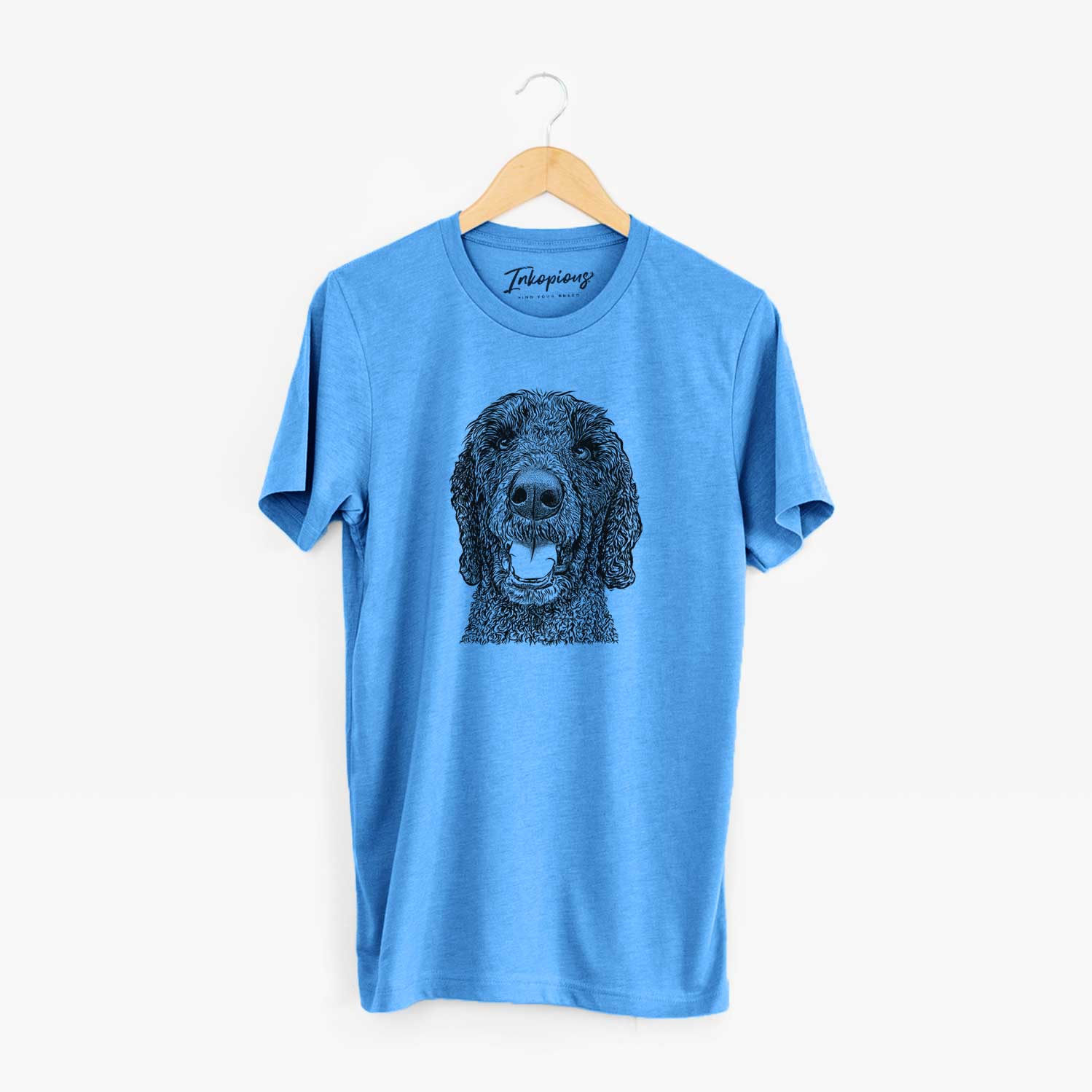 Hand-drawn sketch of Obi James the Goldendoodle on a Blue Unisex crewneck