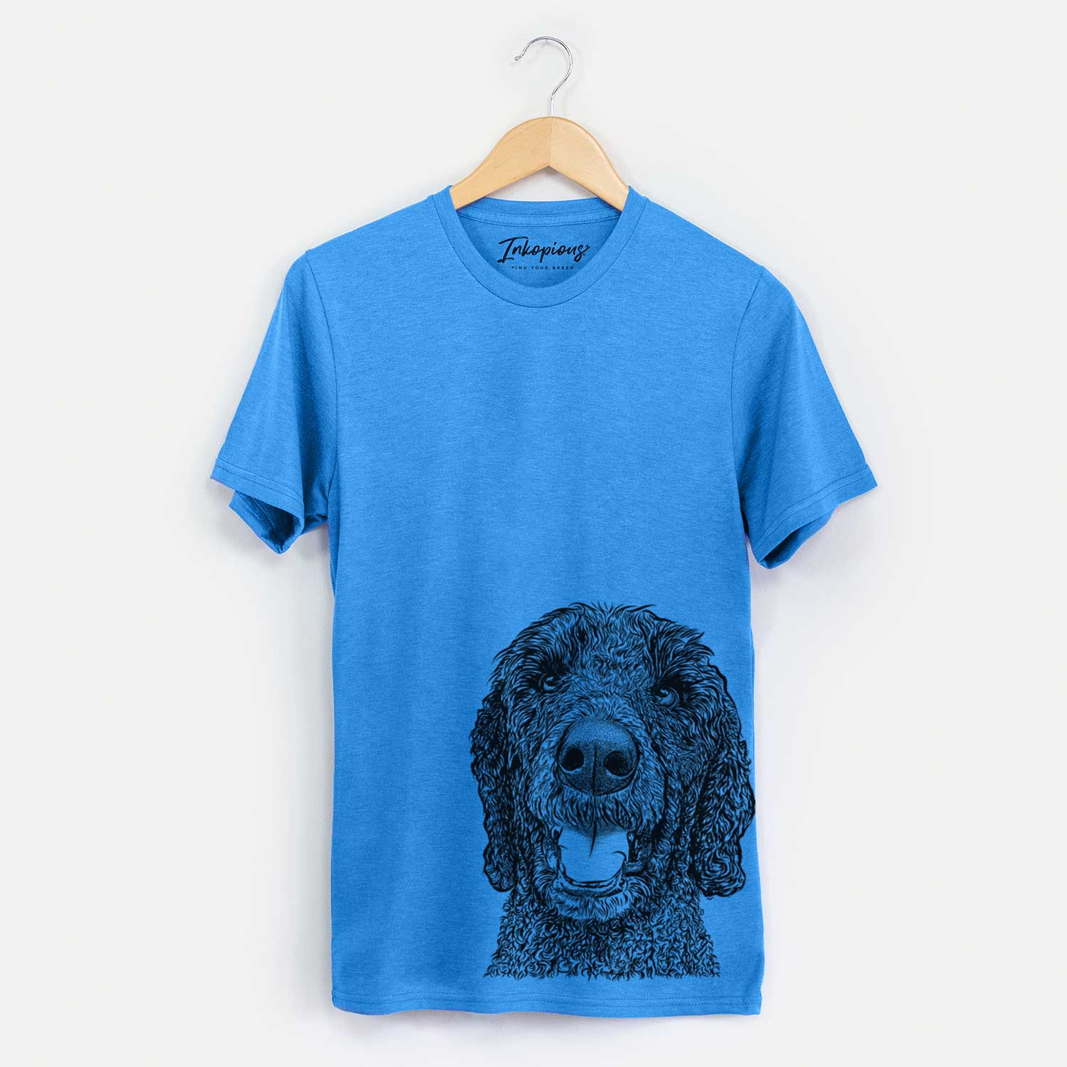 Hand-drawn sketch of Obi James the Goldendoodle on a Blue Unisex crewneck