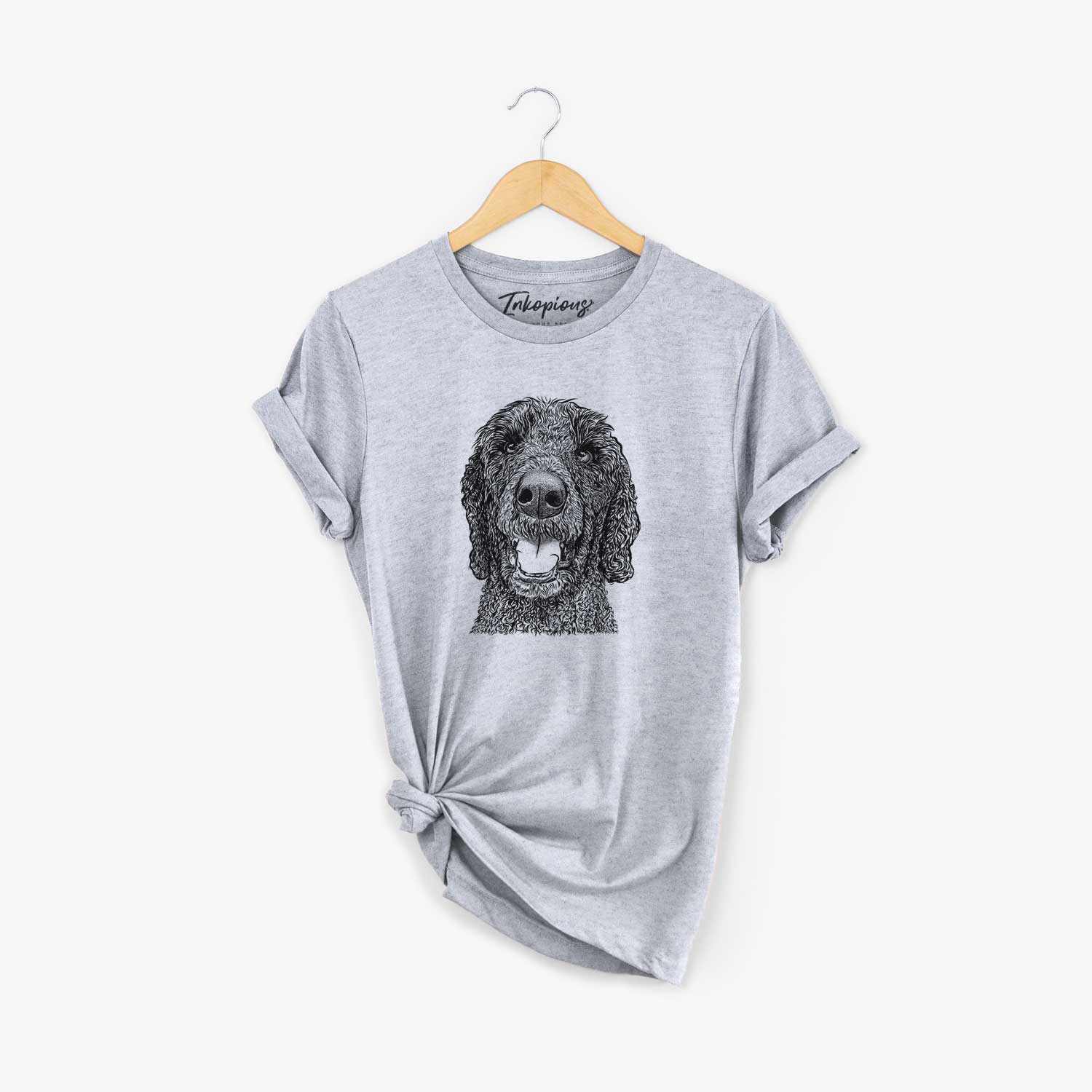 Hand-drawn sketch of Obi James the Goldendoodle on a Grey Unisex crewneck