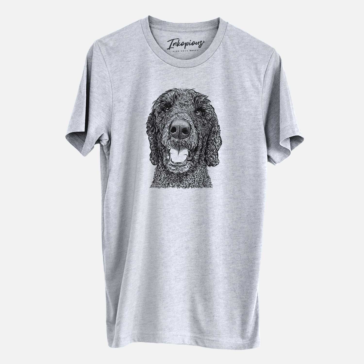Hand-drawn sketch of Obi James the Goldendoodle on a Grey Unisex crewneck
