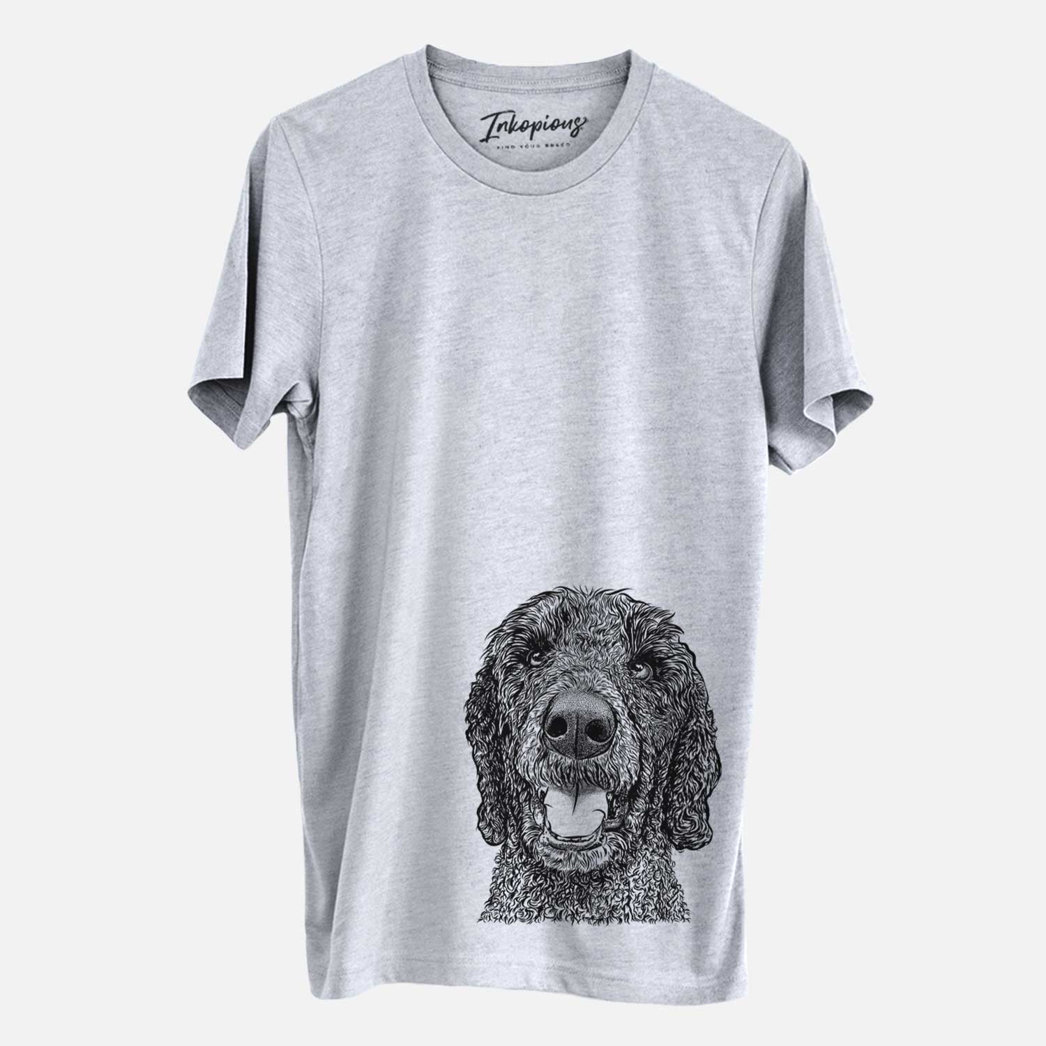 Hand-drawn sketch of Obi James the Goldendoodle on a Grey Unisex crewneck