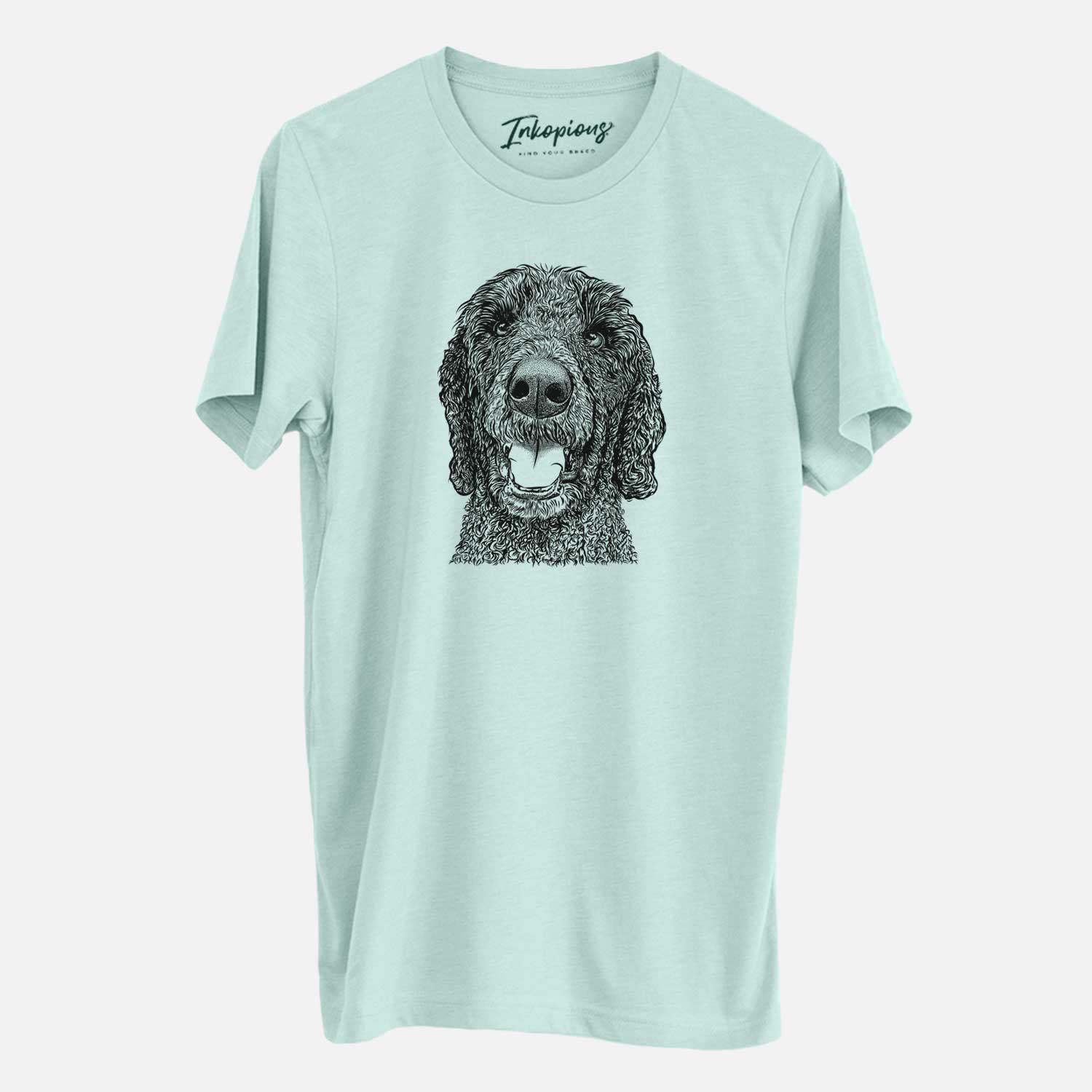 Hand-drawn sketch of Obi James the Goldendoodle on a Heather Sage Unisex crewneck