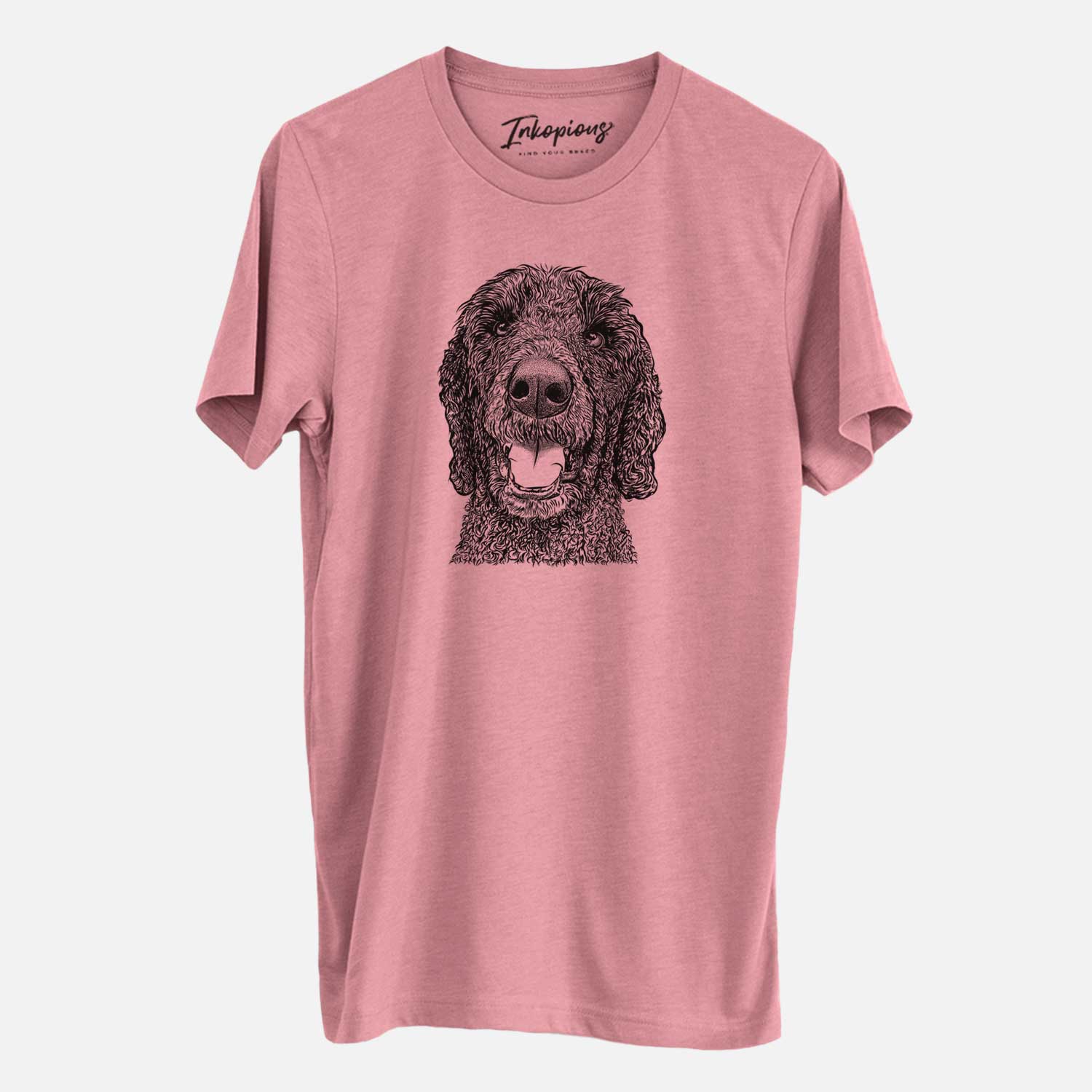 Hand-drawn sketch of Obi James the Goldendoodle on a Mauve Unisex crewneck