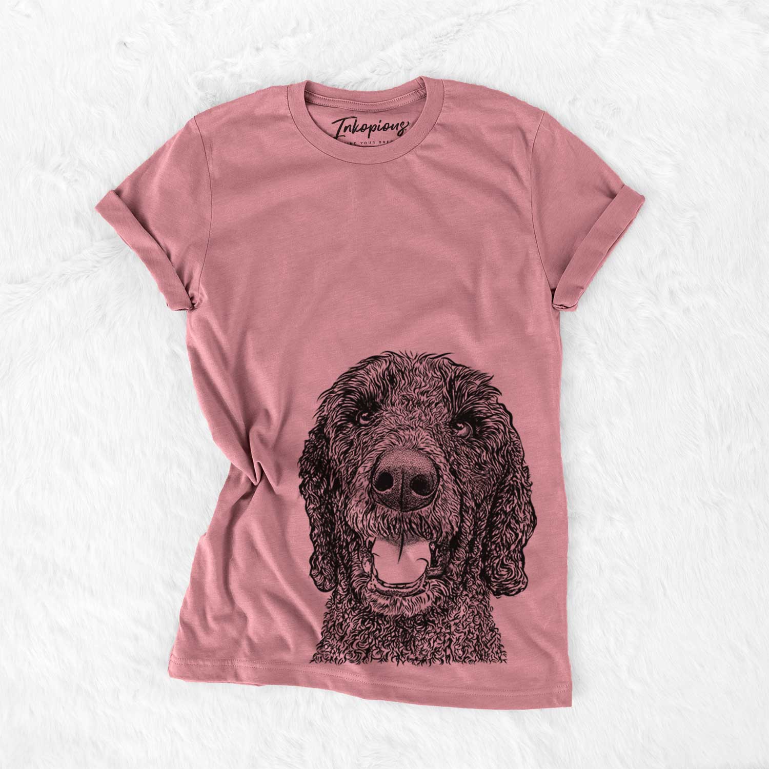 Hand-drawn sketch of Obi James the Goldendoodle on a Mauve Bella Canvas Unisex Crewneck