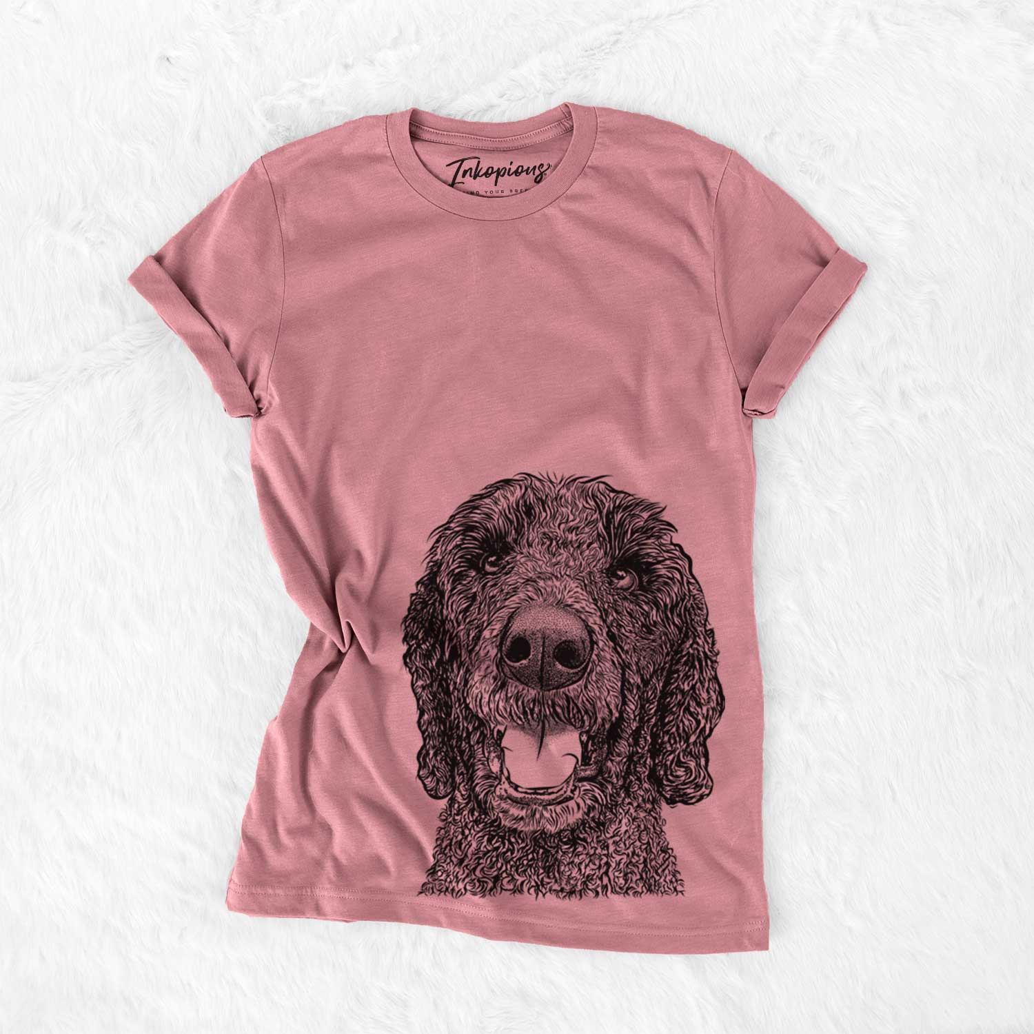 Hand-drawn sketch of Obi James the Goldendoodle on a Mauve Unisex crewneck