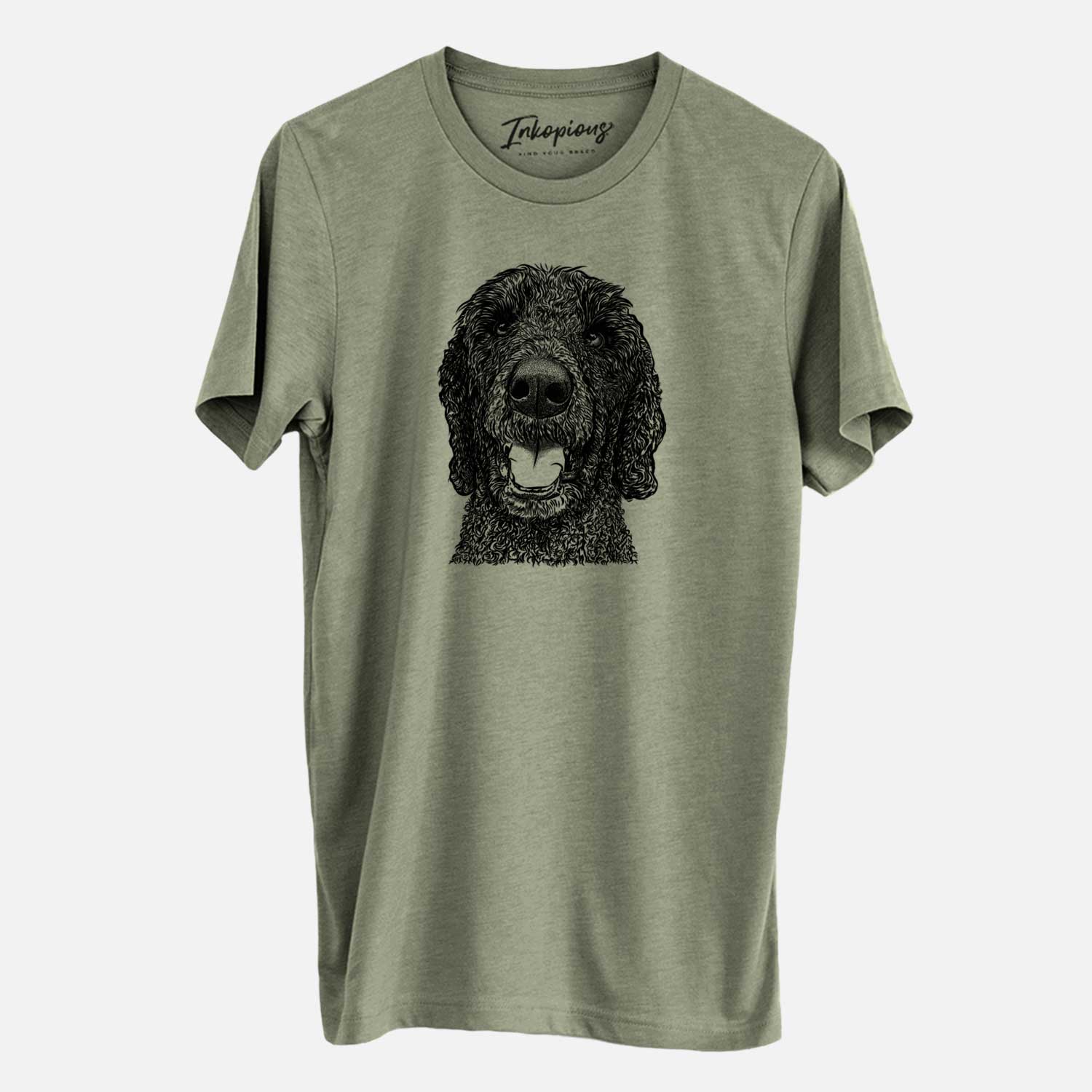 Hand-drawn sketch of Obi James the Goldendoodle on an Olive Unisex crewneck