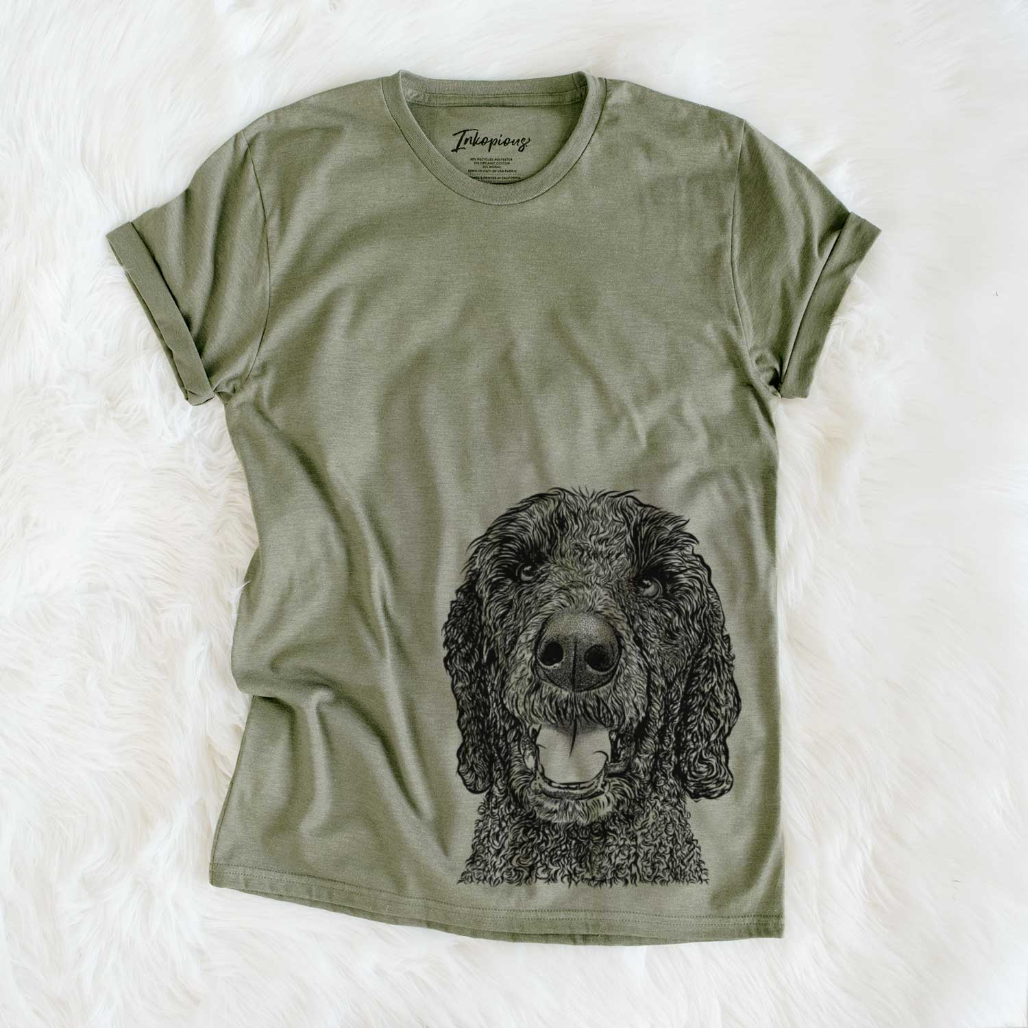 Hand-drawn sketch of Obi James the Goldendoodle on an Olive Unisex crewneck