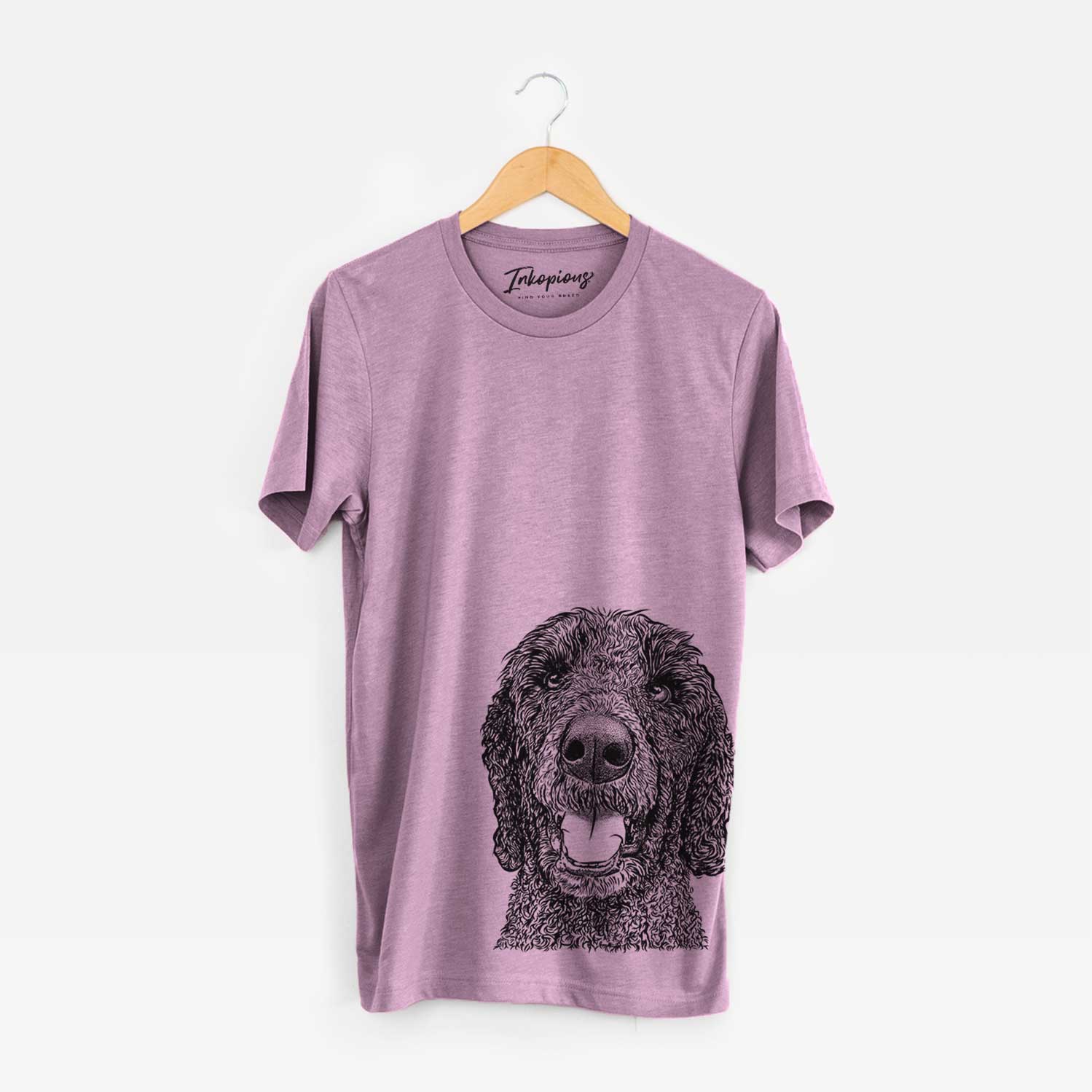 Hand-drawn sketch of Obi James the Goldendoodle on an Orchid Bella Canvas Unisex Crewneck