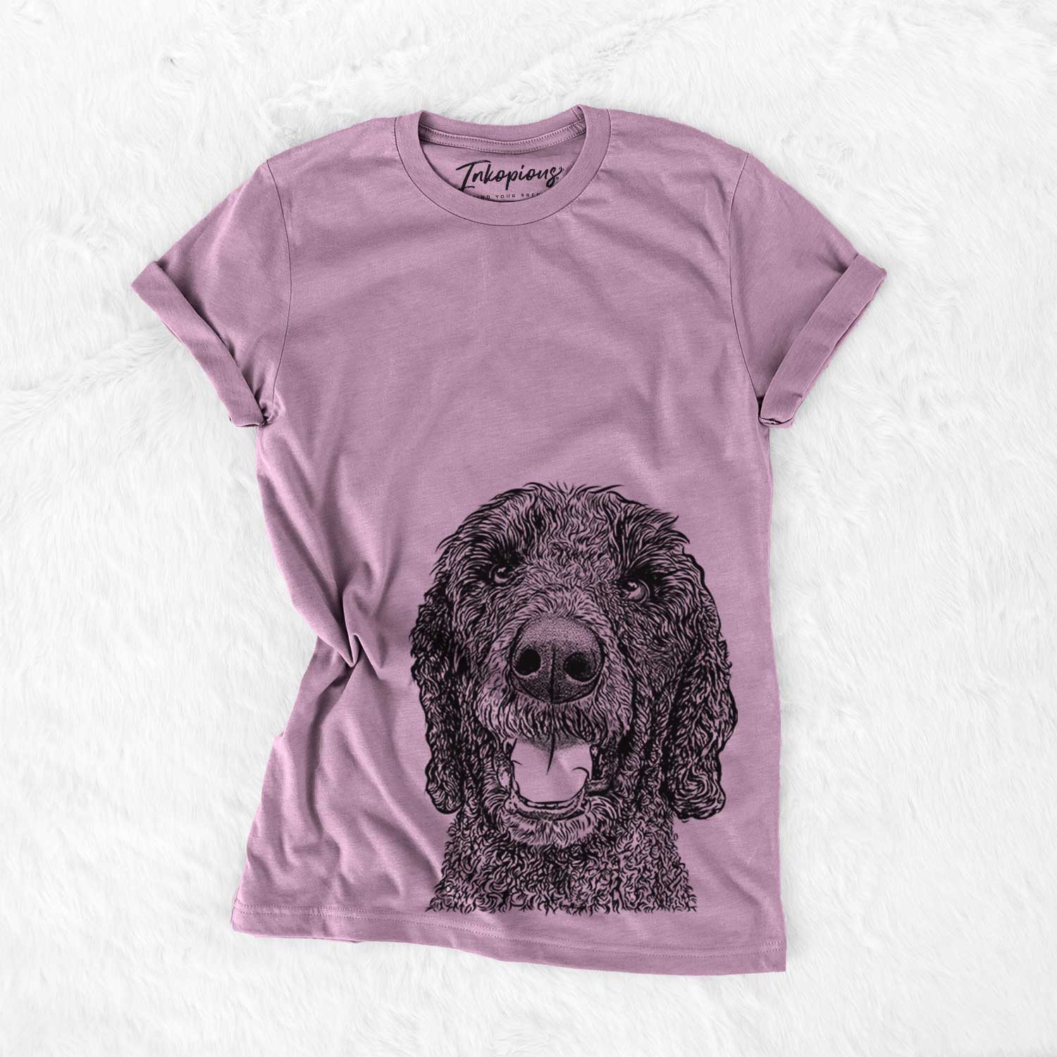 Hand-drawn sketch of Obi James the Goldendoodle on an Orchid Bella Canvas Unisex Crewneck
