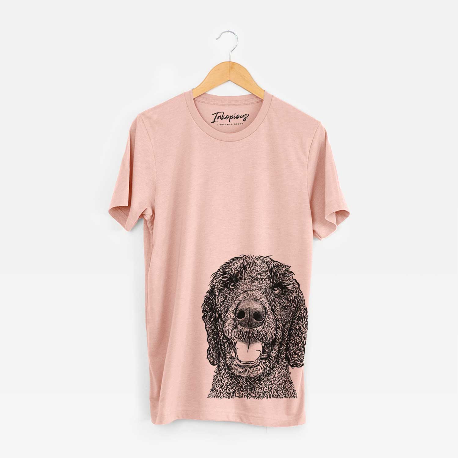 Hand-drawn sketch of Obi James the Goldendoodle on a Peach Bella Canvas Unisex Crewneck
