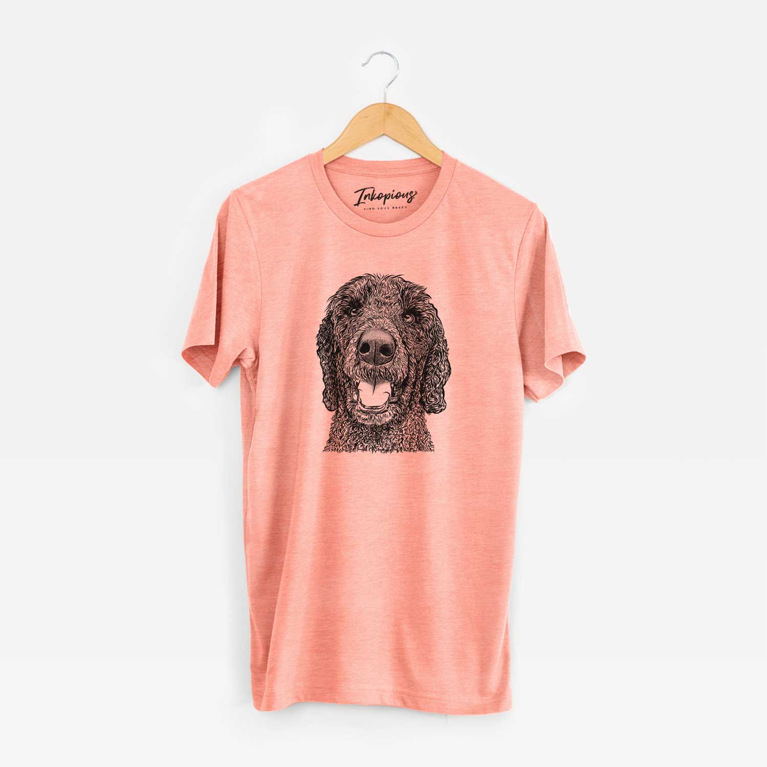 Hand-drawn sketch of Obi James the Goldendoodle on a Sunset Unisex crewneck