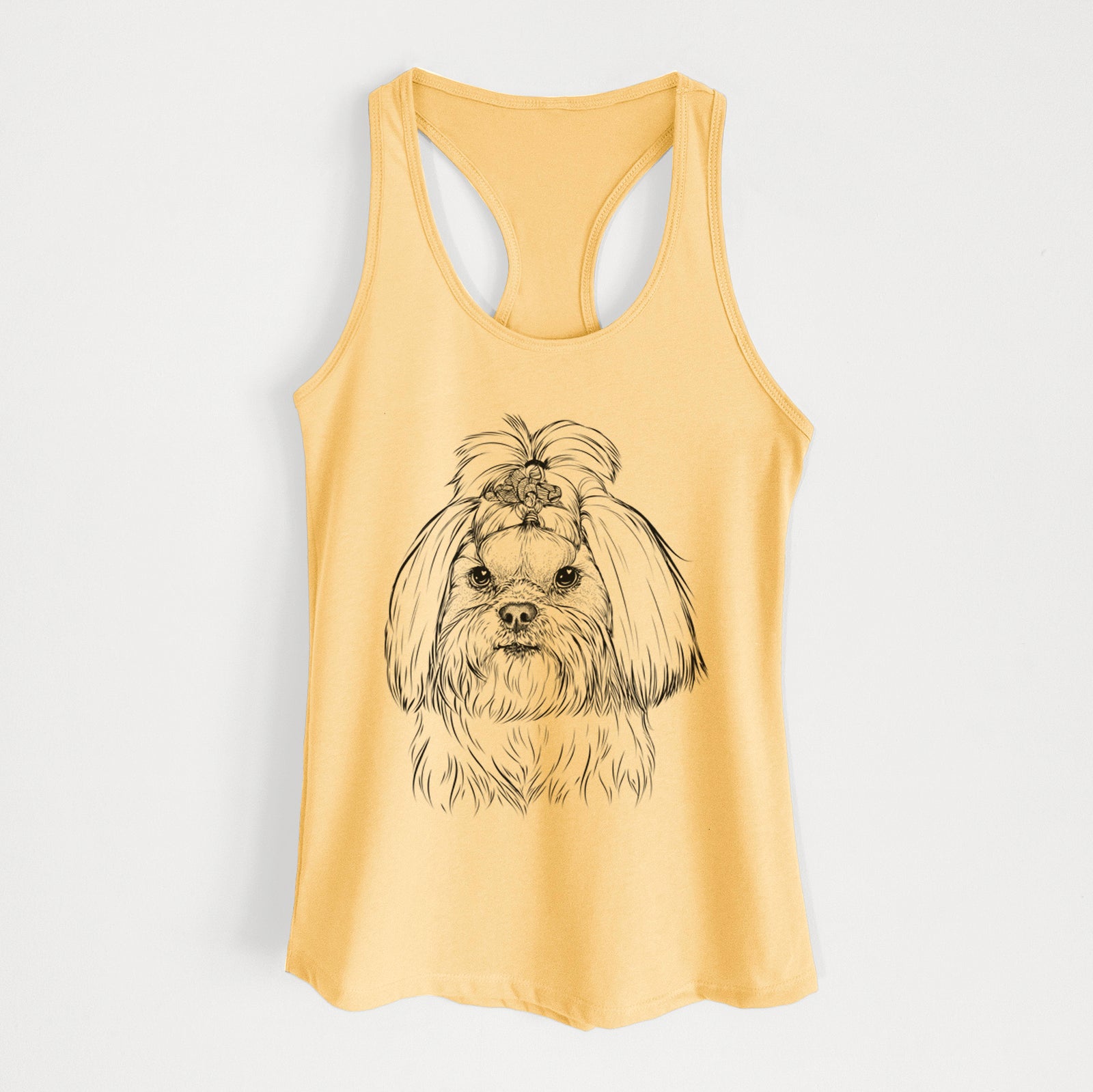 Hand-drawn sketch of Olga the Shih Tzu on a Banana Cream Women's racerback tanktop