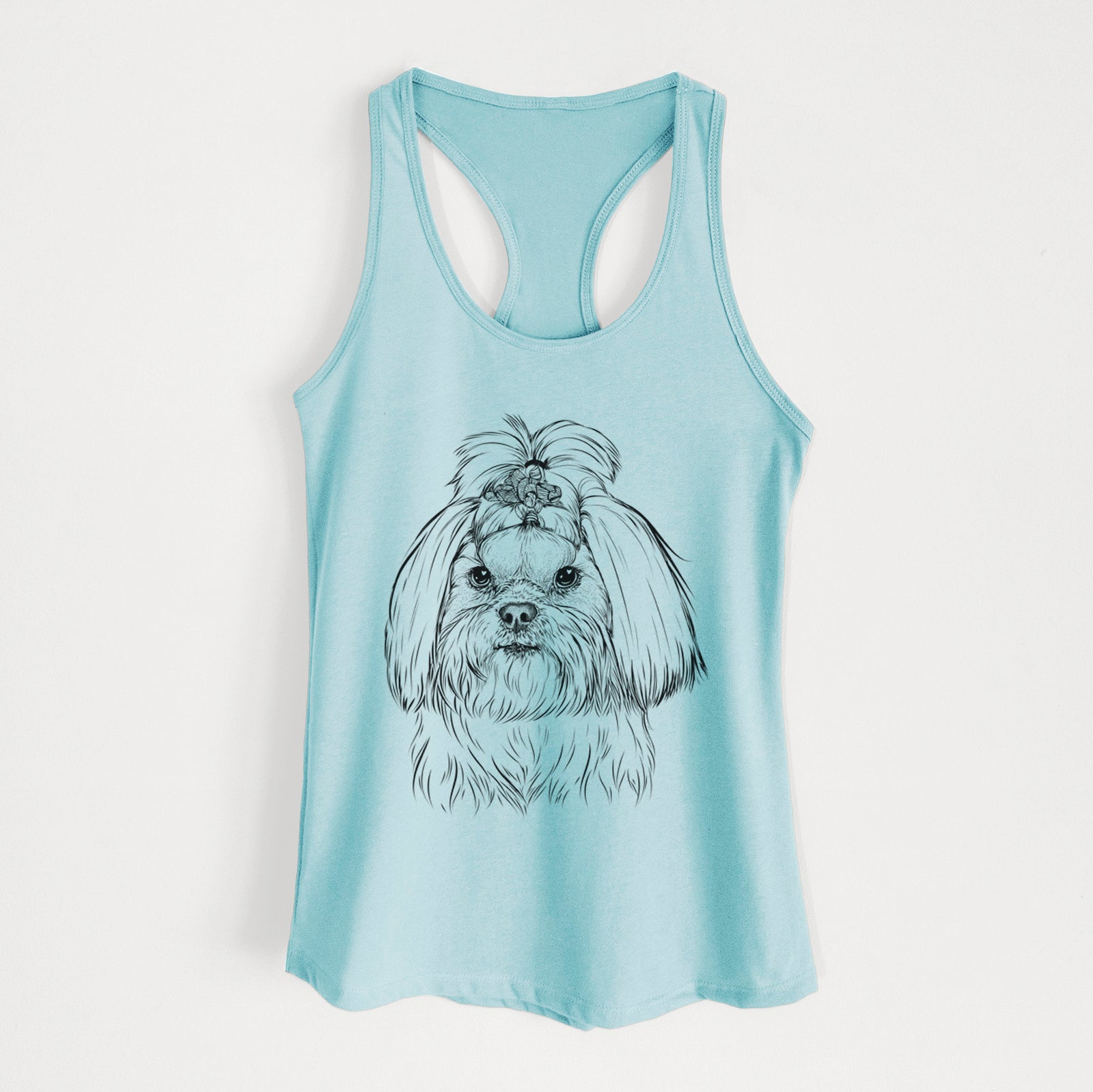 Hand-drawn sketch of Olga the Shih Tzu on a Cancun Blue Women's racerback tanktop