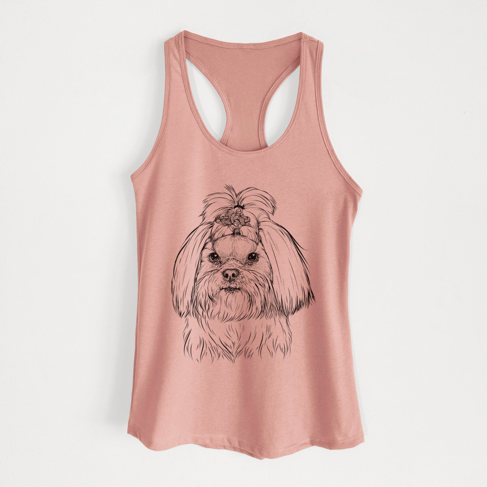 Hand-drawn sketch of Olga the Shih Tzu on a Desert Pink Women's racerback tanktop
