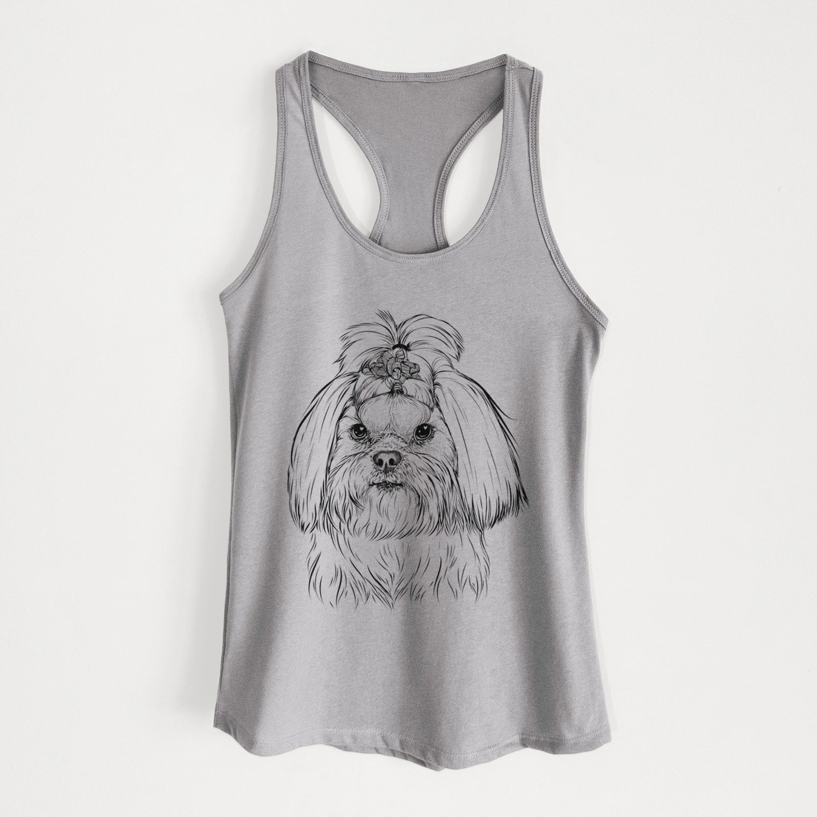 Hand-drawn sketch of Olga the Shih Tzu on a Heather Grey Women's racerback tanktop