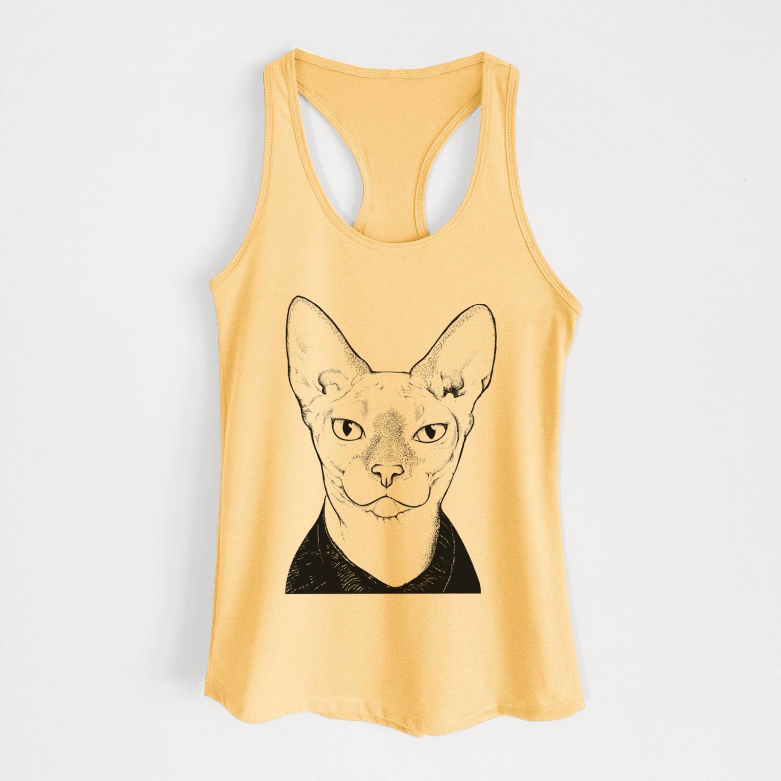 Hand-drawn sketch of Oliver Watson the Sphynx Cat on a Banana Cream Women's racerback tanktop