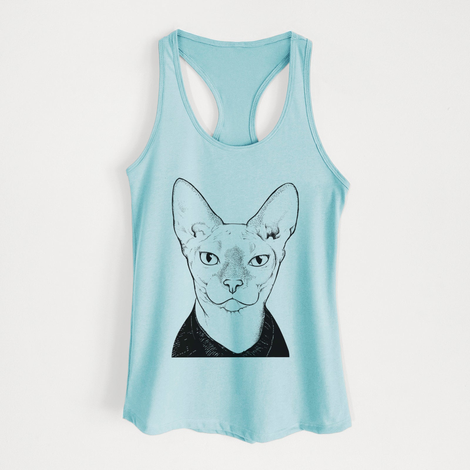 Hand-drawn sketch of Oliver Watson the Sphynx Cat on a Cancun Blue Women's racerback tanktop