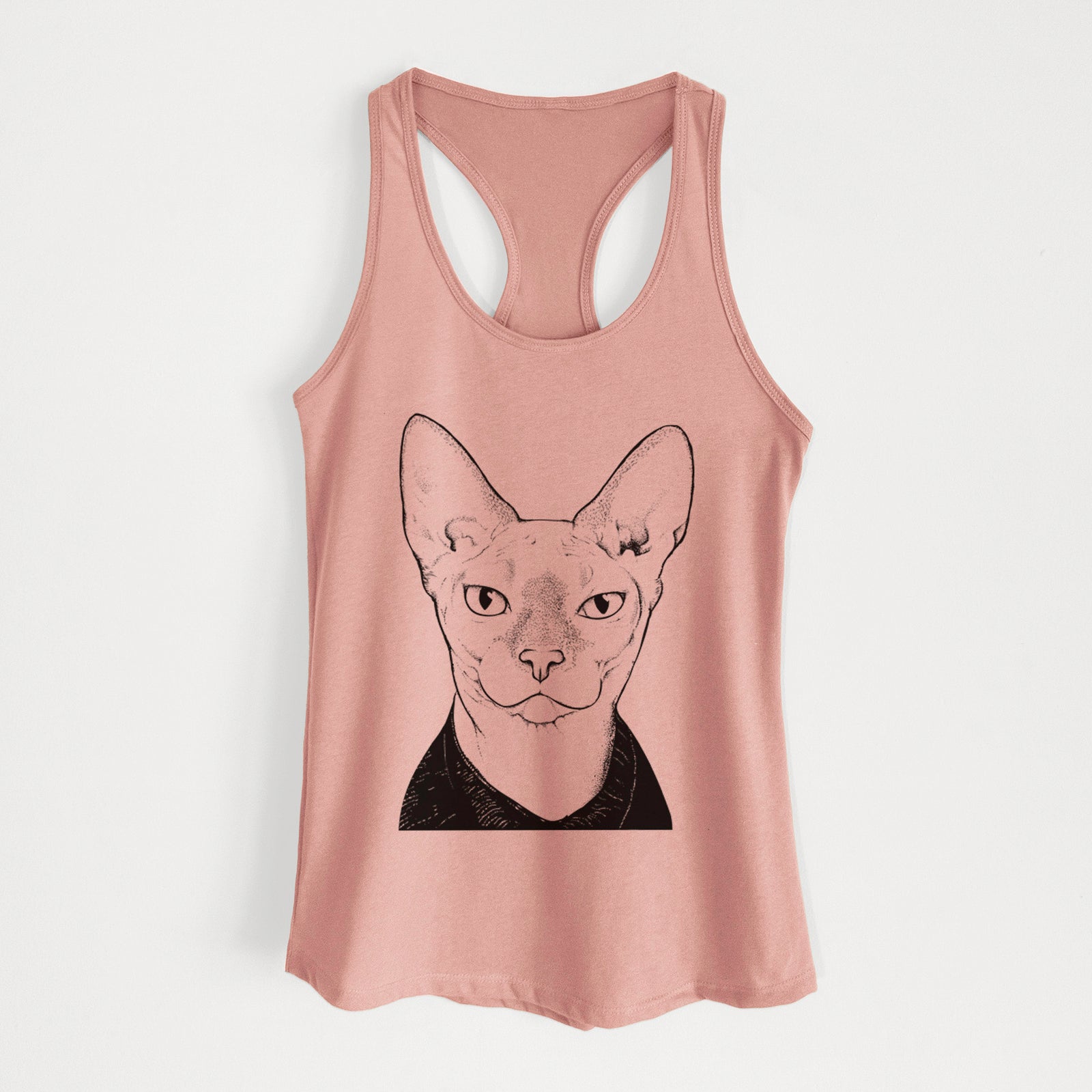 Hand-drawn sketch of Oliver Watson the Sphynx Cat on a Desert Pink Women's racerback tanktop