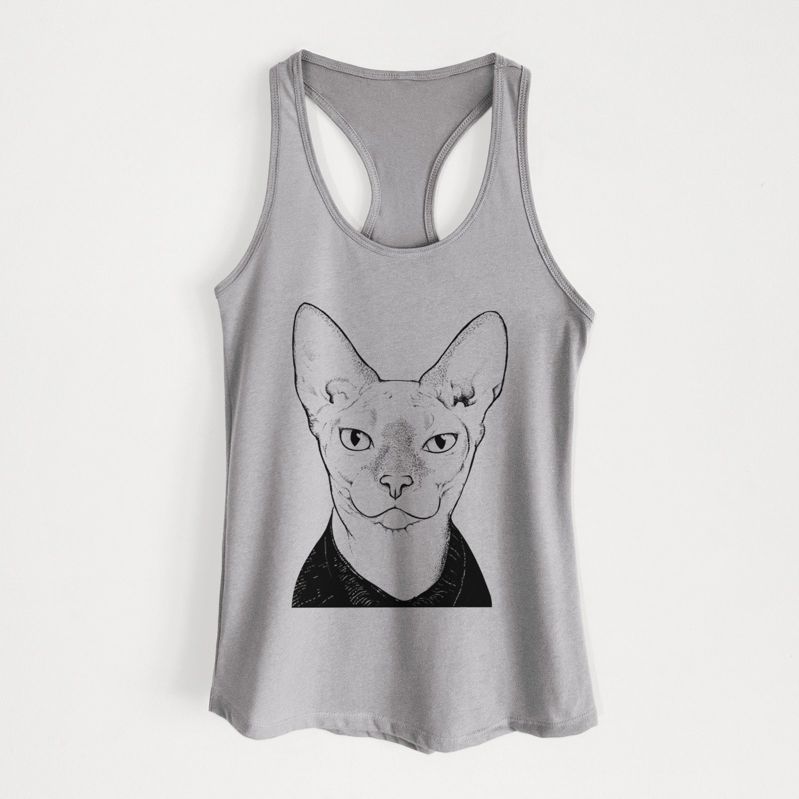 Hand-drawn sketch of Oliver Watson the Sphynx Cat on a Heather Grey Women's racerback tanktop