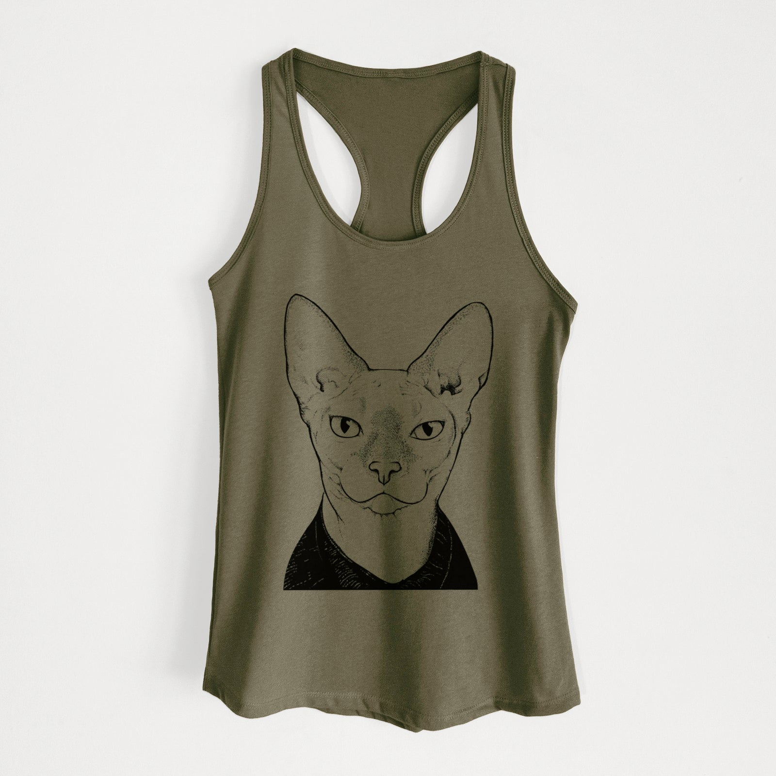 Hand-drawn sketch of Oliver Watson the Sphynx Cat on a Military Green Women's racerback tanktop