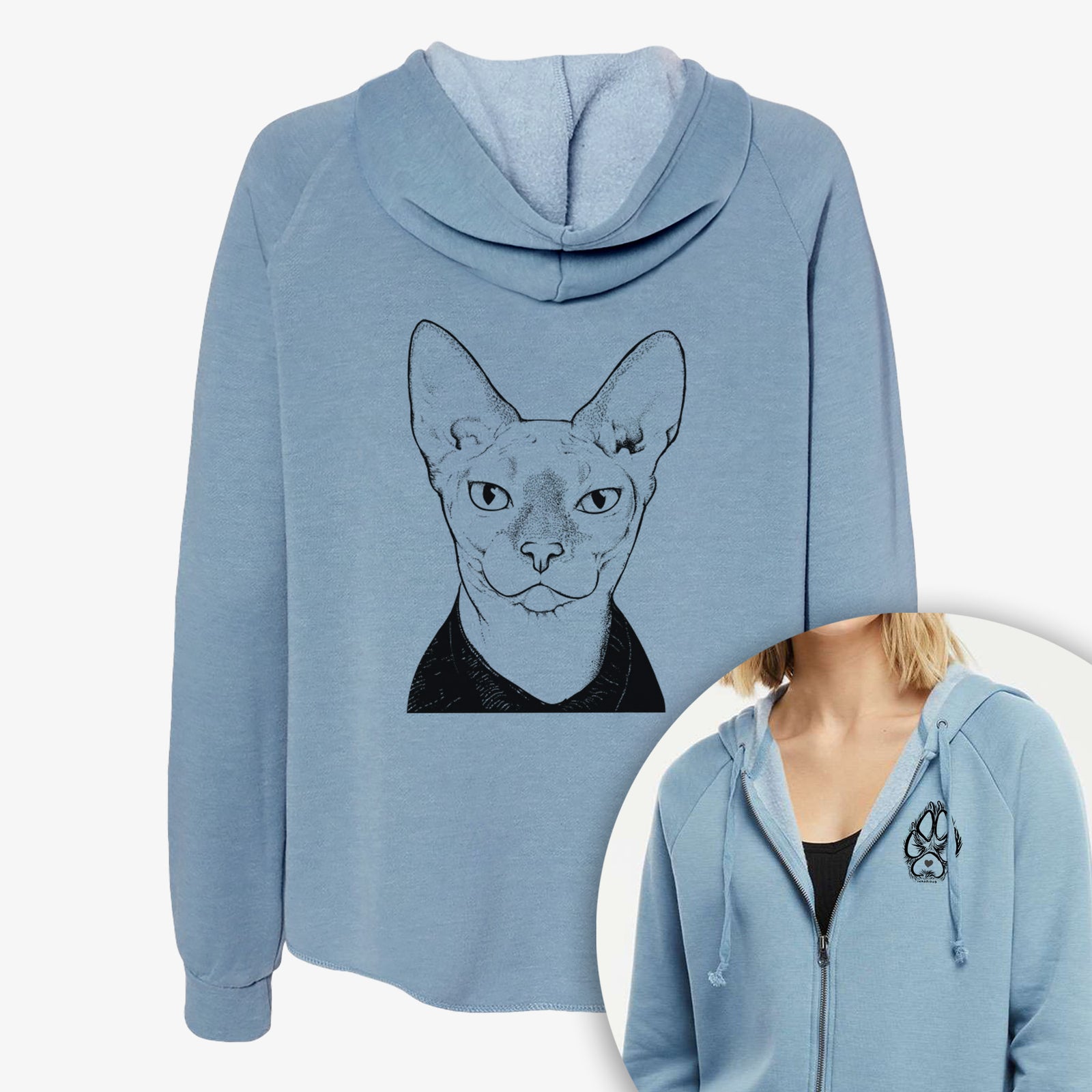 Hand-drawn sketch of Oliver Watson the Sphynx Cat on a Women's cali wave zip-up sweatshirt, shown with icons of the other available costume styles
