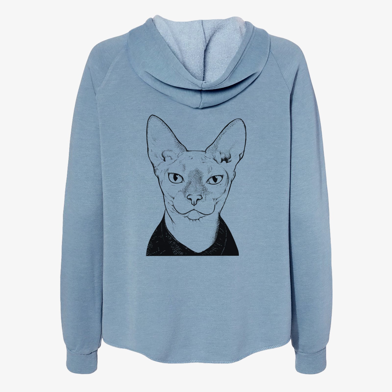 Hand-drawn sketch of Oliver Watson the Sphynx Cat on a Misty Blue Women's cali wave zip-up sweatshirt