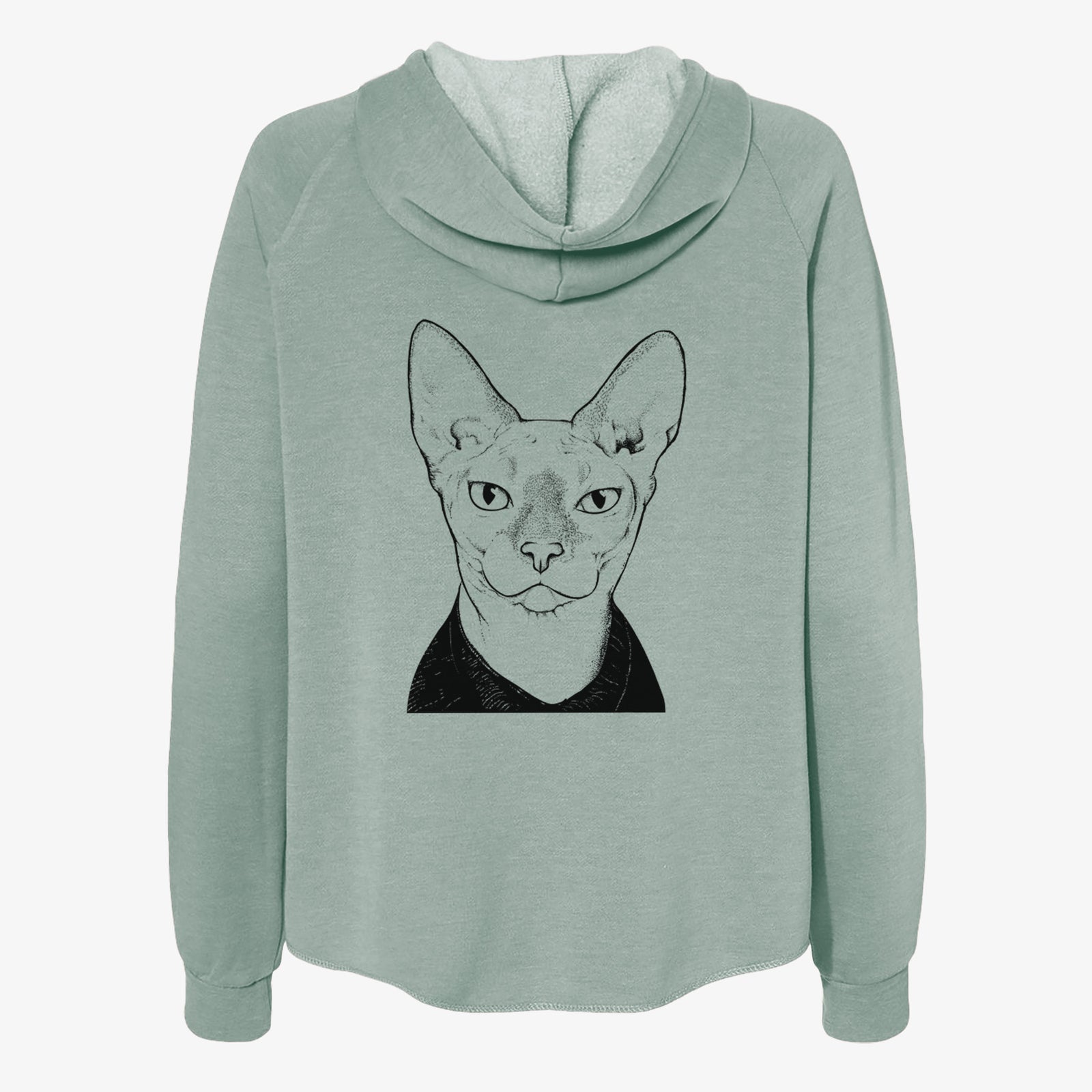 Hand-drawn sketch of Oliver Watson the Sphynx Cat on a Sage Women's cali wave zip-up sweatshirt