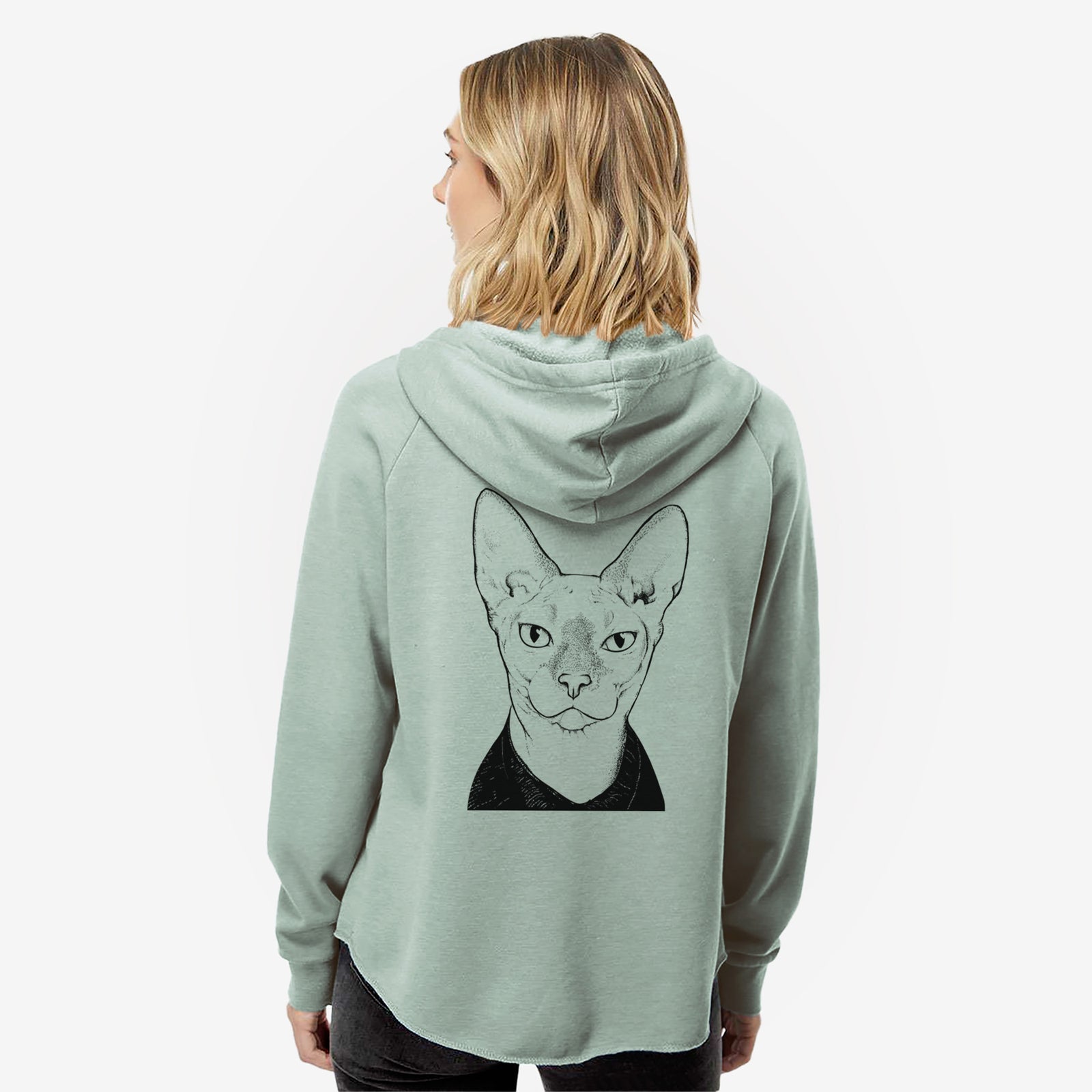 Hand-drawn sketch of Oliver Watson the Sphynx Cat on a Sage Women's cali wave zip-up sweatshirt