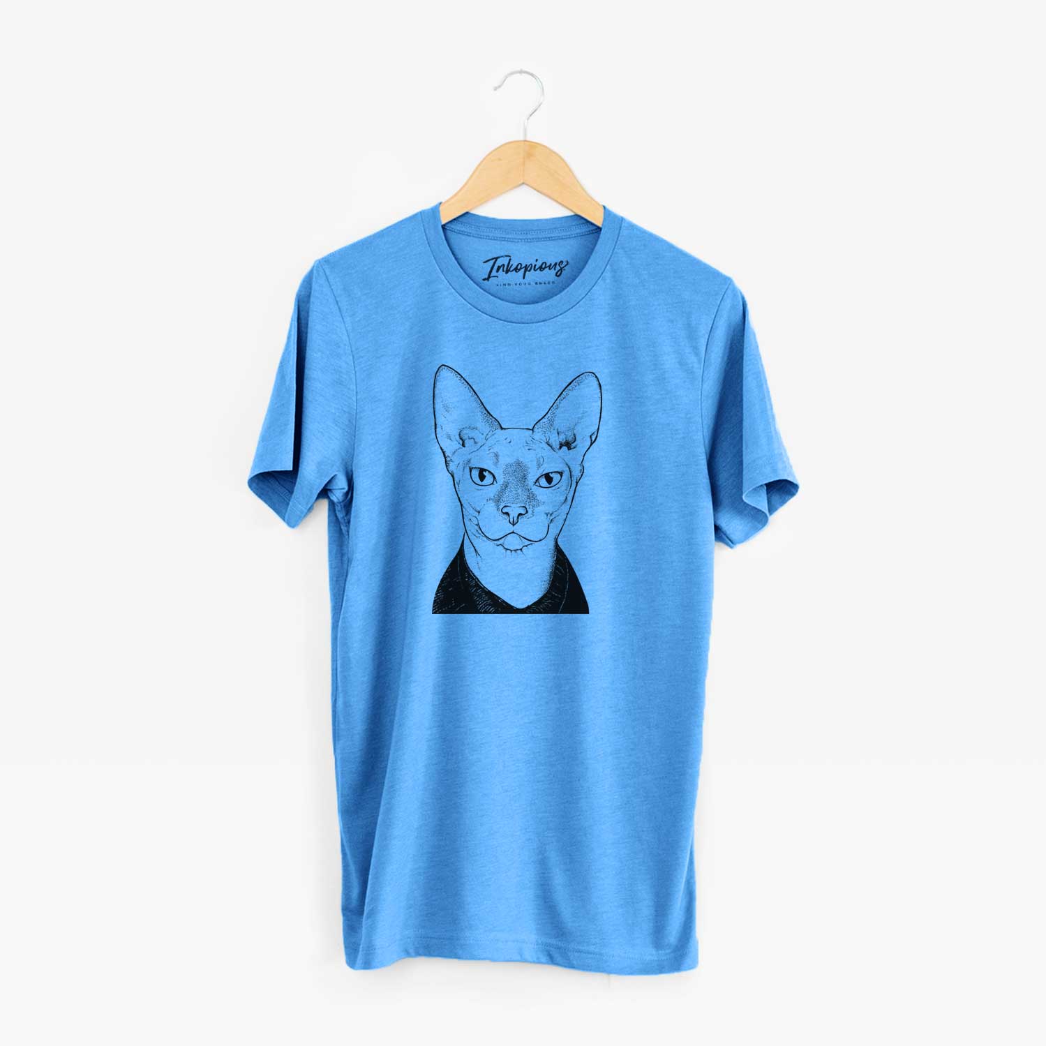 Hand-drawn sketch of Oliver Watson the Sphynx Cat on a Blue Unisex crewneck