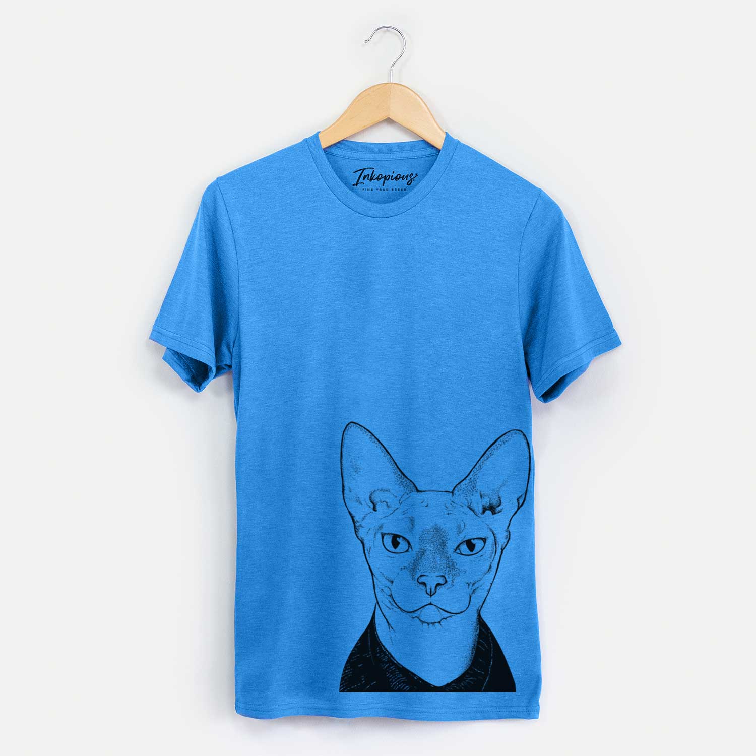 Hand-drawn sketch of Oliver Watson the Sphynx Cat on a Blue Unisex crewneck