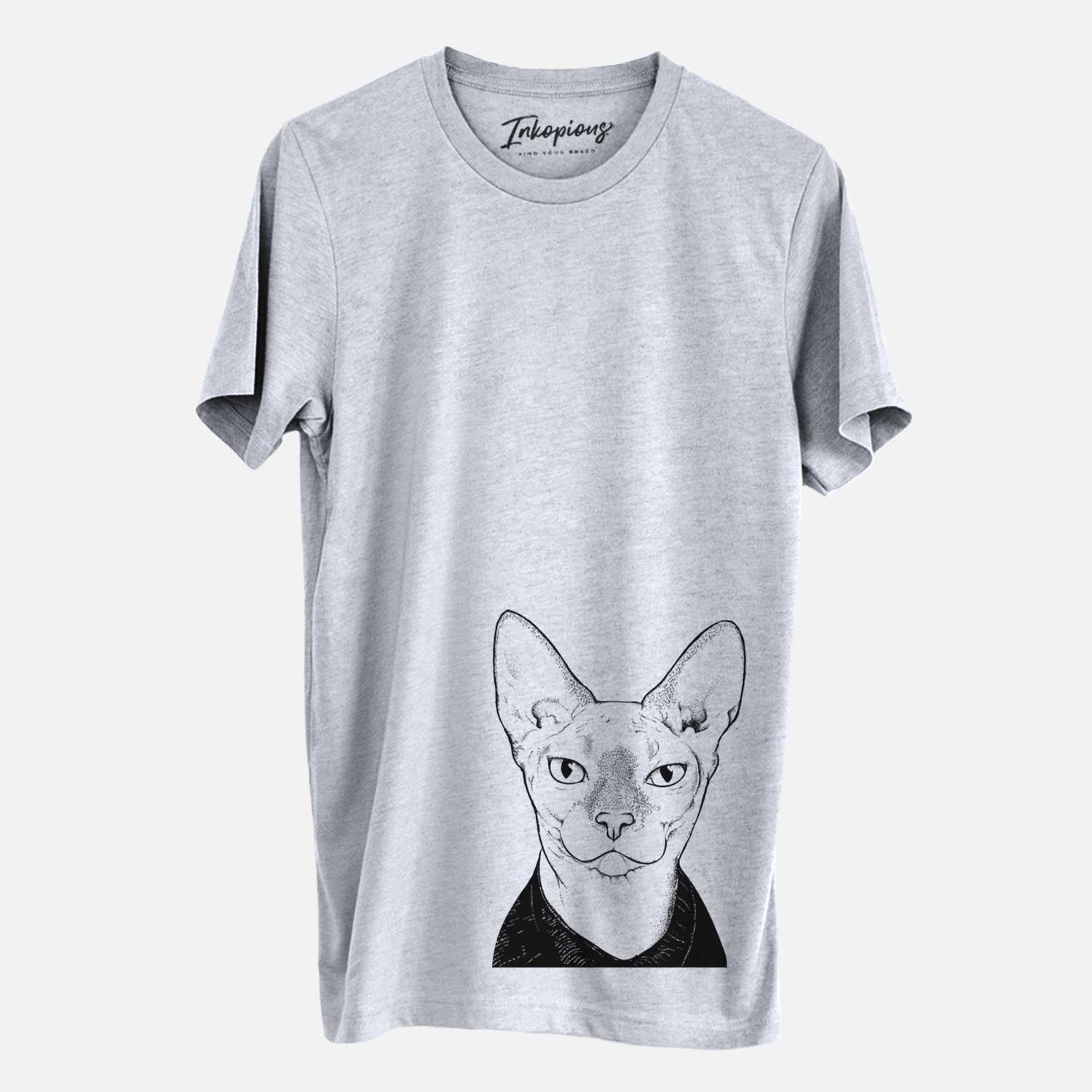 Hand-drawn sketch of Oliver Watson the Sphynx Cat on a Grey Unisex crewneck