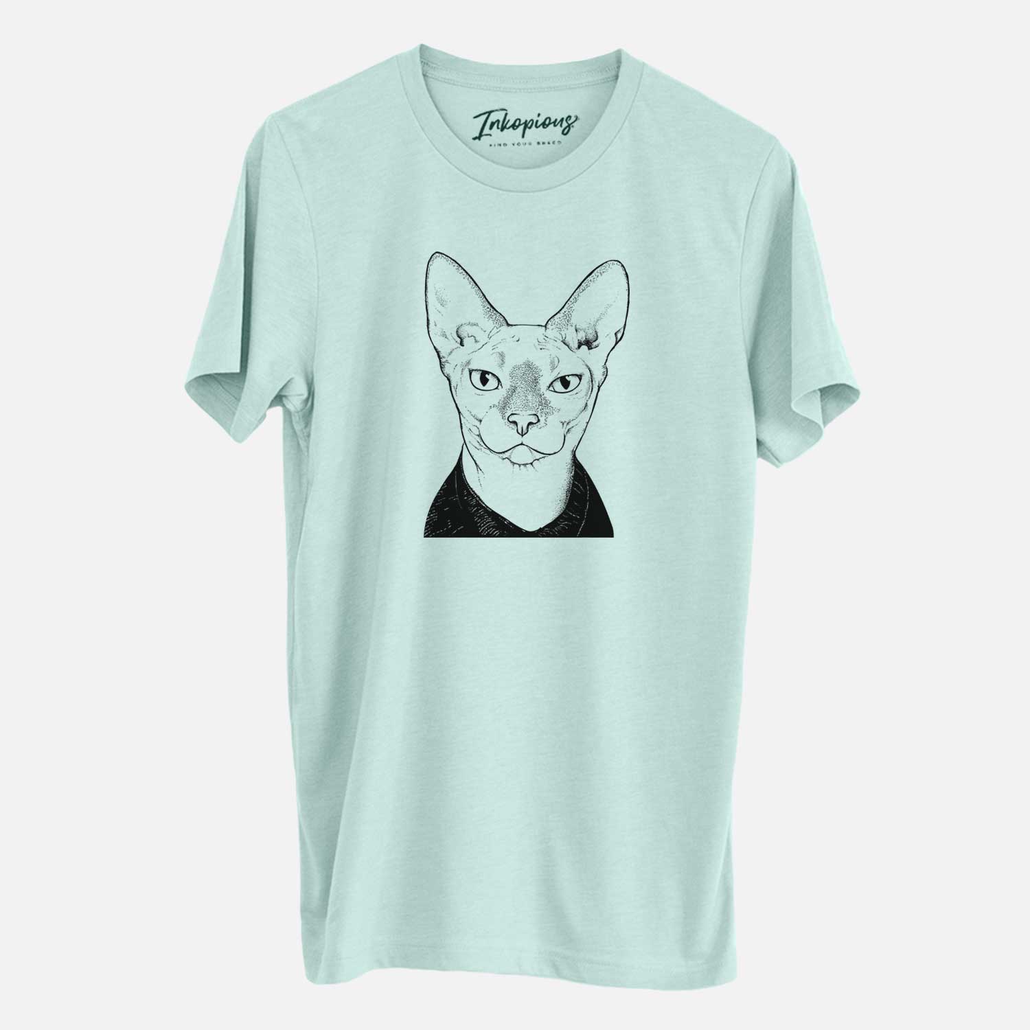 Hand-drawn sketch of Oliver Watson the Sphynx Cat on a Heather Sage Unisex crewneck