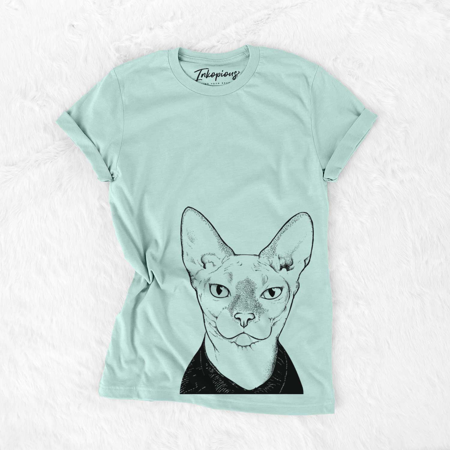Hand-drawn sketch of Oliver Watson the Sphynx Cat on a Heather Sage Unisex crewneck