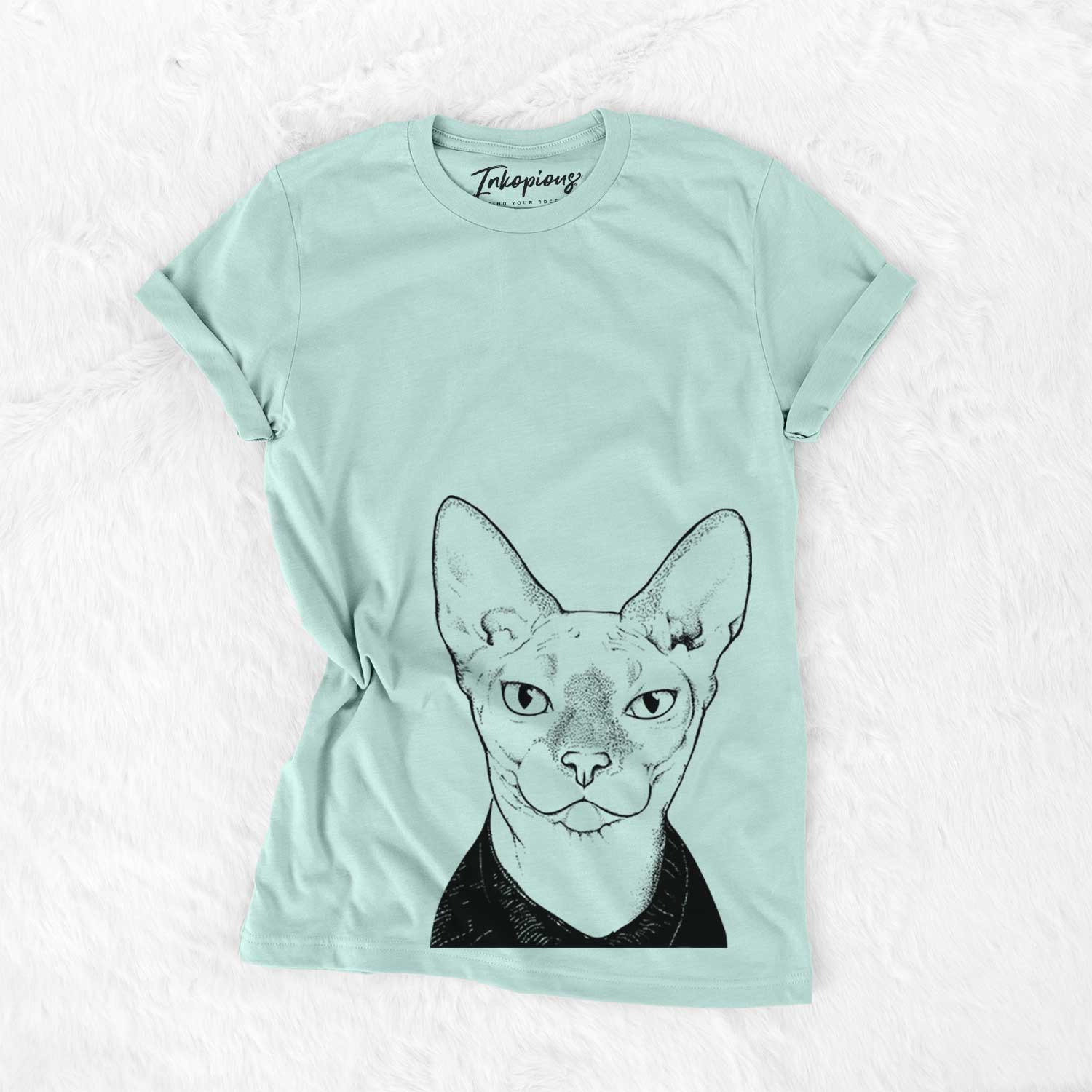 Hand-drawn sketch of Oliver Watson the Sphynx Cat on a Heather Sage Bella Canvas Unisex Crewneck