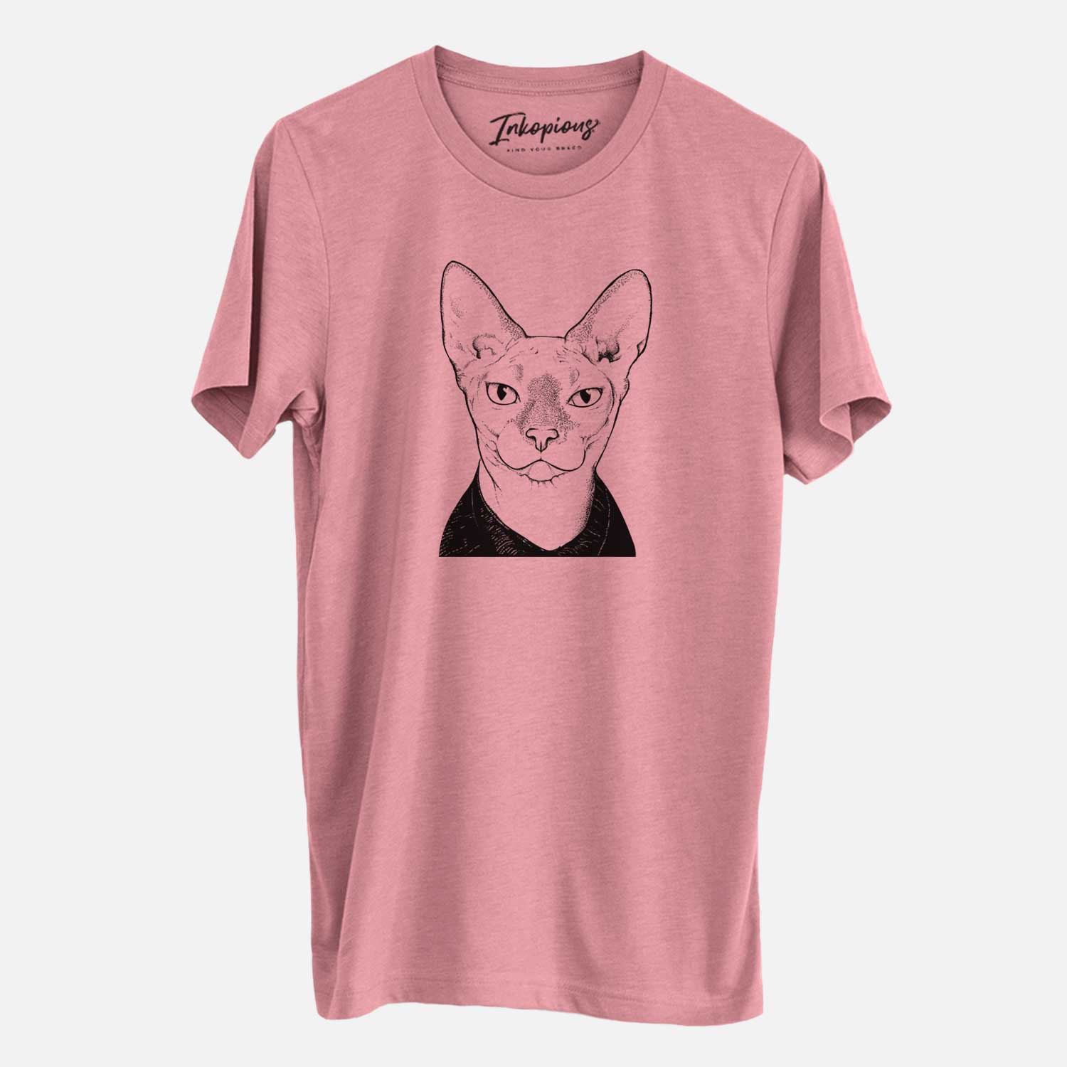 Hand-drawn sketch of Oliver Watson the Sphynx Cat on a Mauve Unisex crewneck