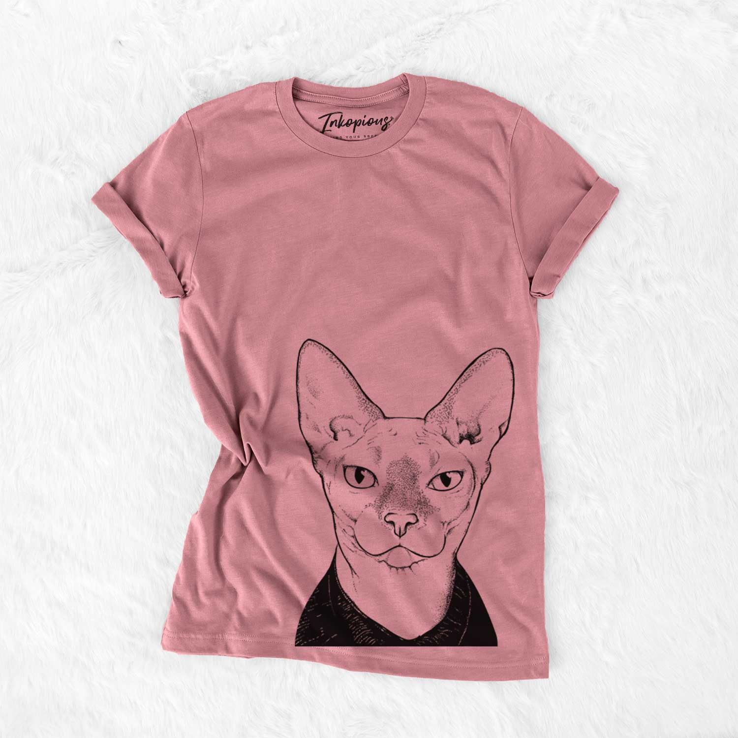 Hand-drawn sketch of Oliver Watson the Sphynx Cat on a Mauve Unisex crewneck