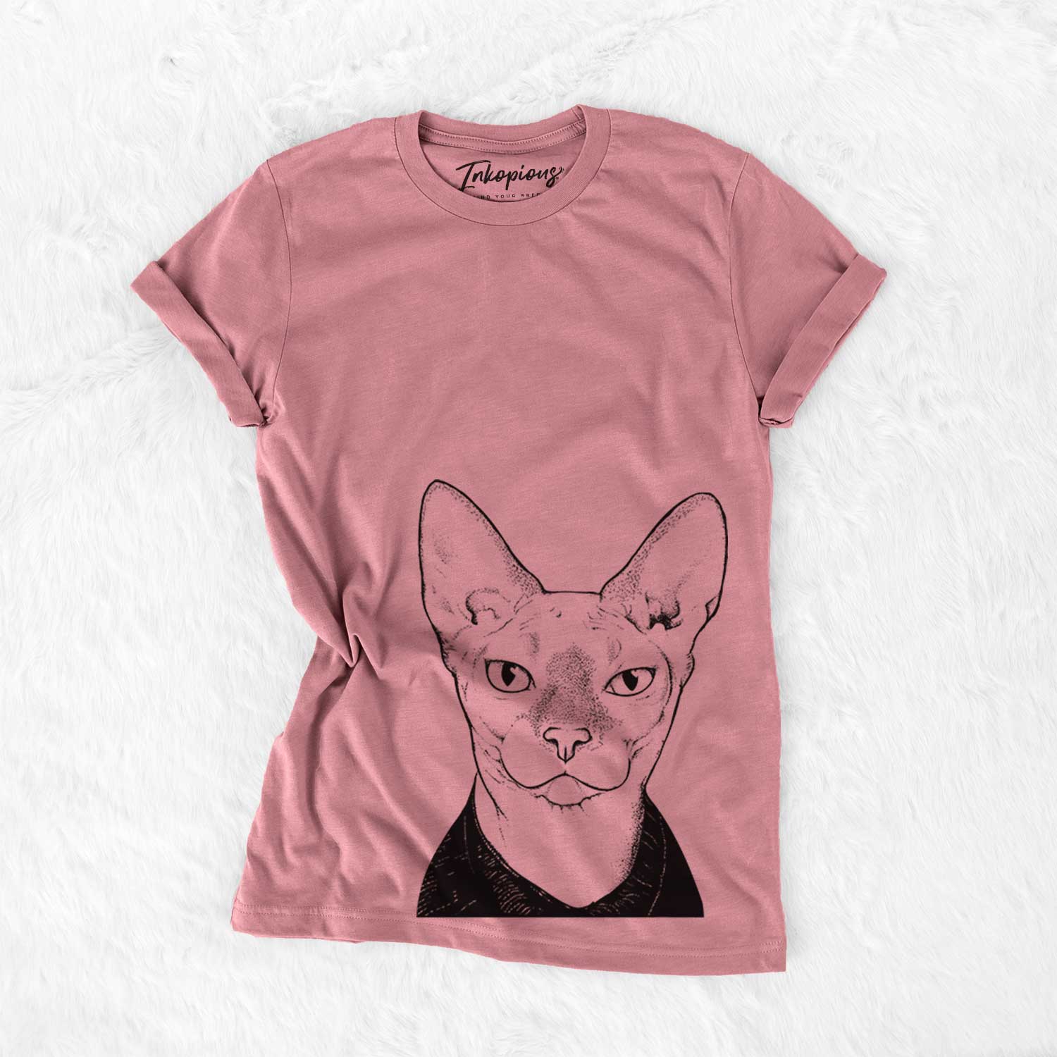Hand-drawn sketch of Oliver Watson the Sphynx Cat on a Mauve Bella Canvas Unisex Crewneck